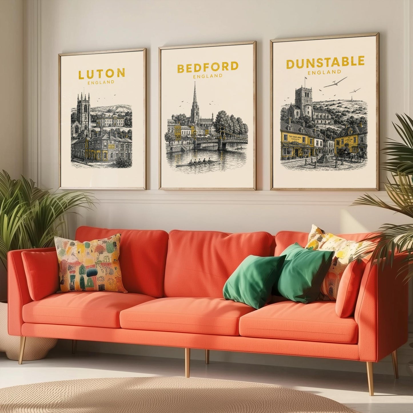 Set of Three Bedfordshire Travel Posters - Luton, Bedford, Dunstable - Vintage Duotone Art Prints - England Illustration Gift