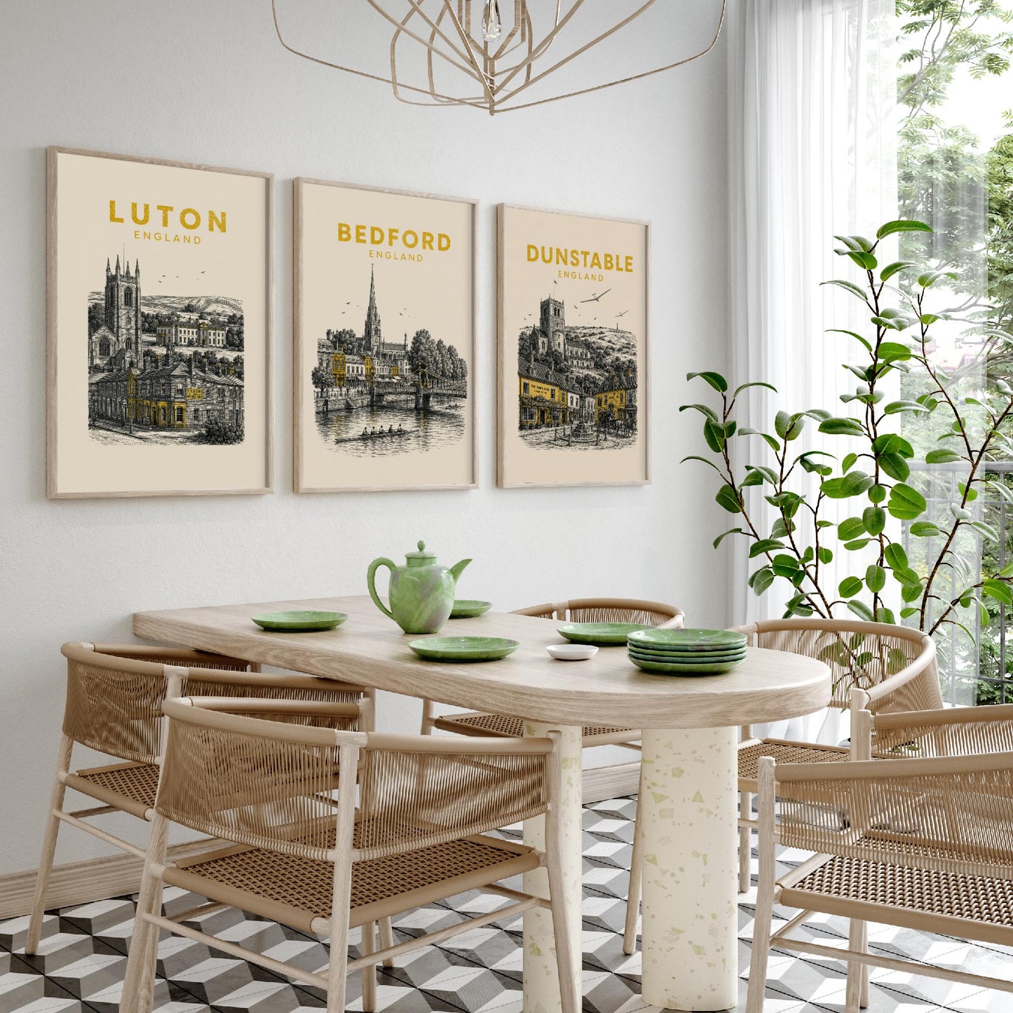 Set of Three Bedfordshire Travel Posters - Luton, Bedford, Dunstable - Vintage Duotone Art Prints - England Illustration Gift