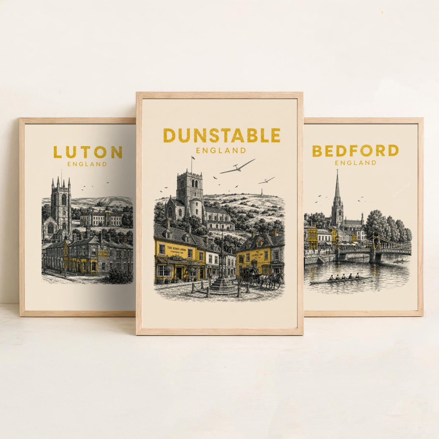 Set of Three Bedfordshire Travel Posters - Luton, Bedford, Dunstable - Vintage Duotone Art Prints - England Illustration Gift