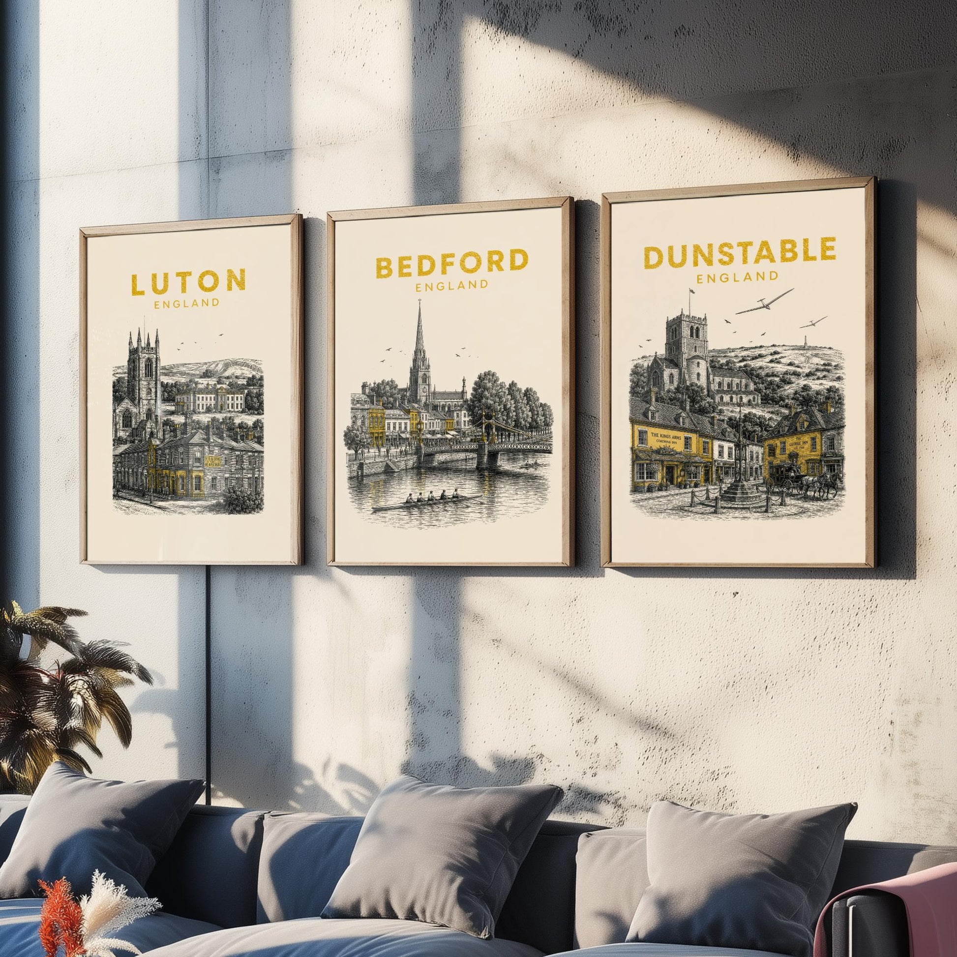 Set of Three Bedfordshire Travel Posters - Luton, Bedford, Dunstable - Vintage Duotone Art Prints - England Illustration Gift