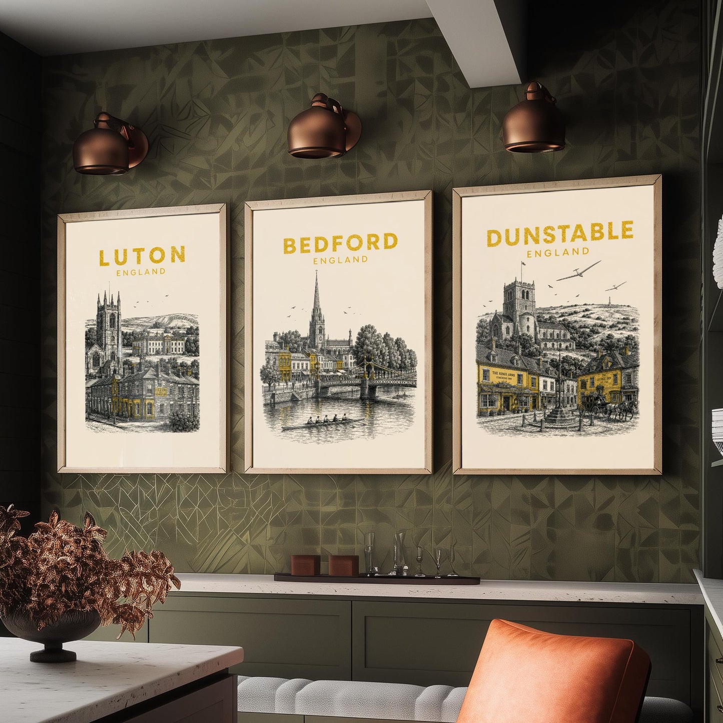Set of Three Bedfordshire Travel Posters - Luton, Bedford, Dunstable - Vintage Duotone Art Prints - England Illustration Gift