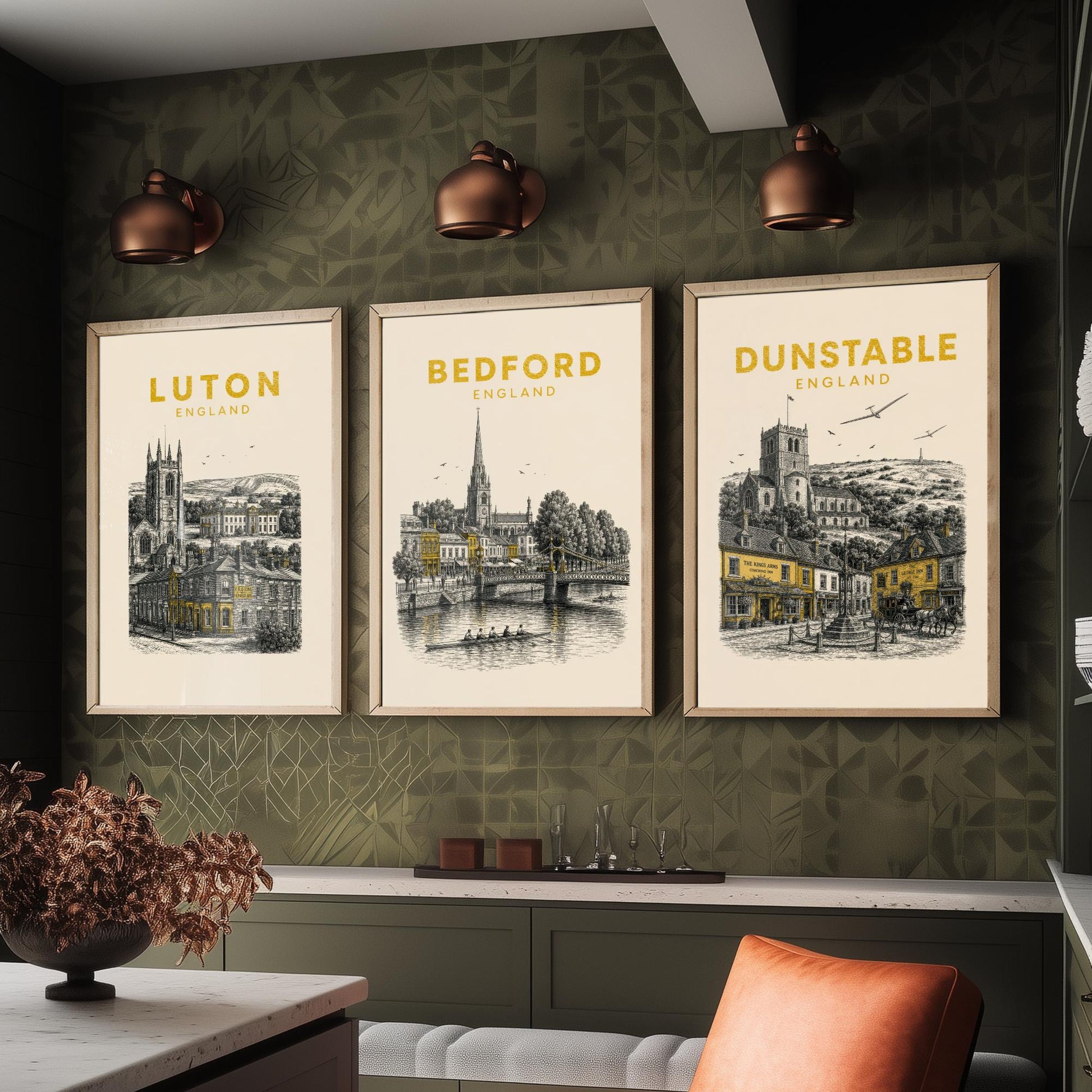Set of Three Bedfordshire Travel Posters - Luton, Bedford, Dunstable - Vintage Duotone Art Prints - England Illustration Gift