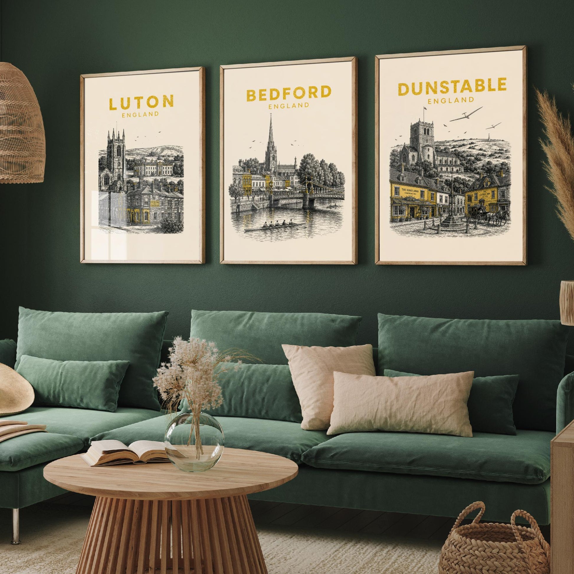 Set of Three Bedfordshire Travel Posters - Luton, Bedford, Dunstable - Vintage Duotone Art Prints - England Illustration Gift