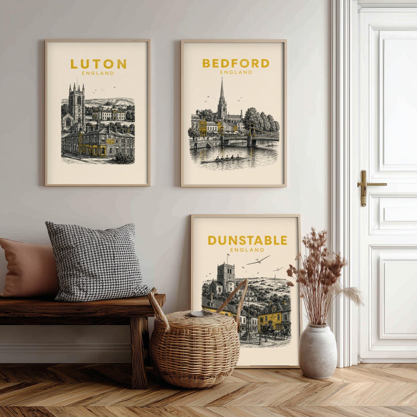 Set of Three Bedfordshire Travel Posters - Luton, Bedford, Dunstable - Vintage Duotone Art Prints - England Illustration Gift