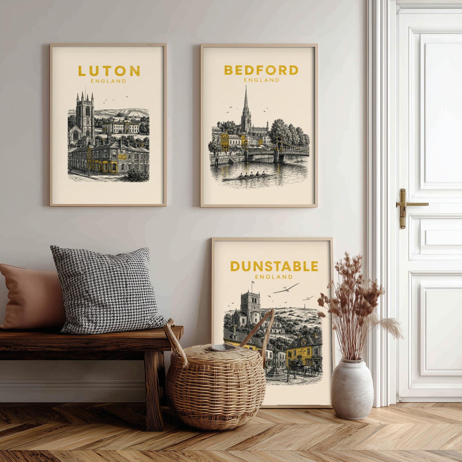 Set of Three Bedfordshire Travel Posters - Luton, Bedford, Dunstable - Vintage Duotone Art Prints - England Illustration Gift