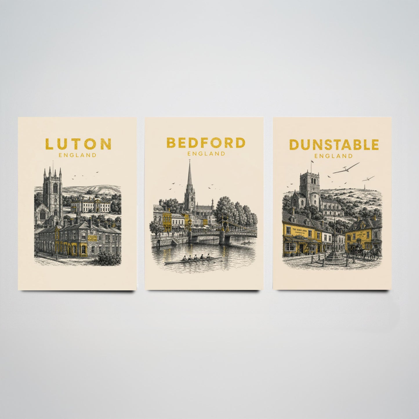 Set of Three Bedfordshire Travel Posters - Luton, Bedford, Dunstable - Vintage Duotone Art Prints - England Illustration Gift