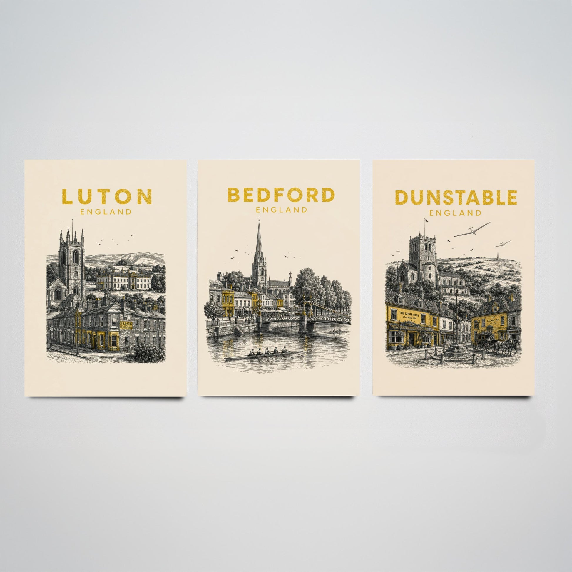 Set of Three Bedfordshire Travel Posters - Luton, Bedford, Dunstable - Vintage Duotone Art Prints - England Illustration Gift
