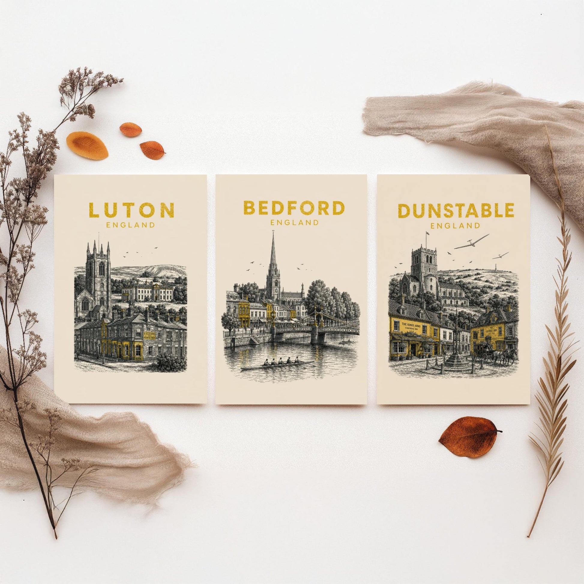 Set of Three Bedfordshire Travel Posters - Luton, Bedford, Dunstable - Vintage Duotone Art Prints - England Illustration Gift