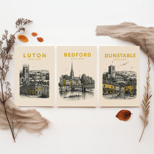 Set of Three Bedfordshire Travel Posters - Luton, Bedford, Dunstable - Vintage Duotone Art Prints - England Illustration Gift