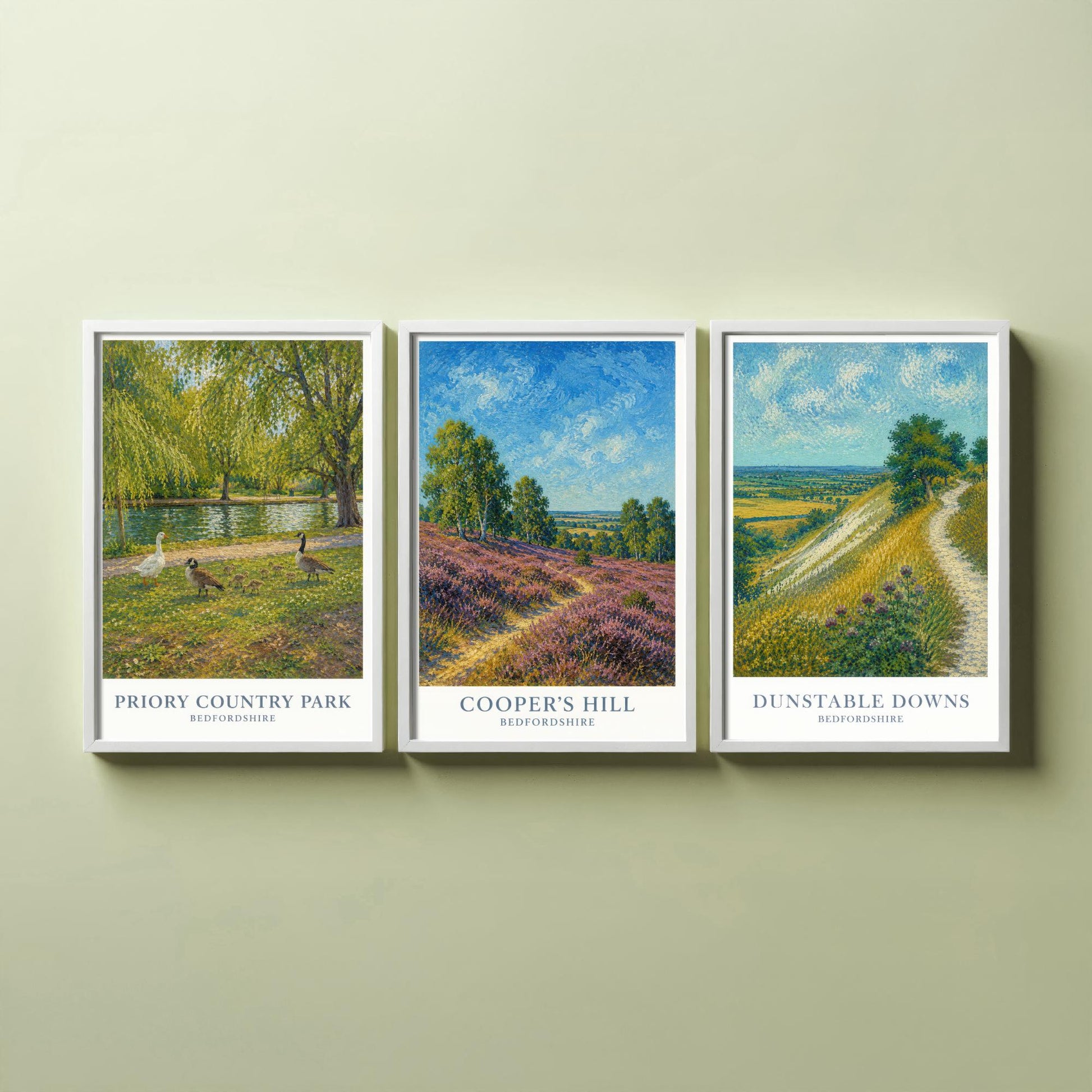 Bedfordshire England Set of Three Prints | Priory Country Park Coopers Hill Dunstable Downs | Impressionist Painting Art Posters