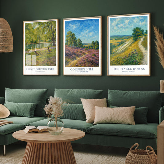 Bedfordshire England Set of Three Prints | Priory Country Park Coopers Hill Dunstable Downs | Impressionist Painting Art Posters