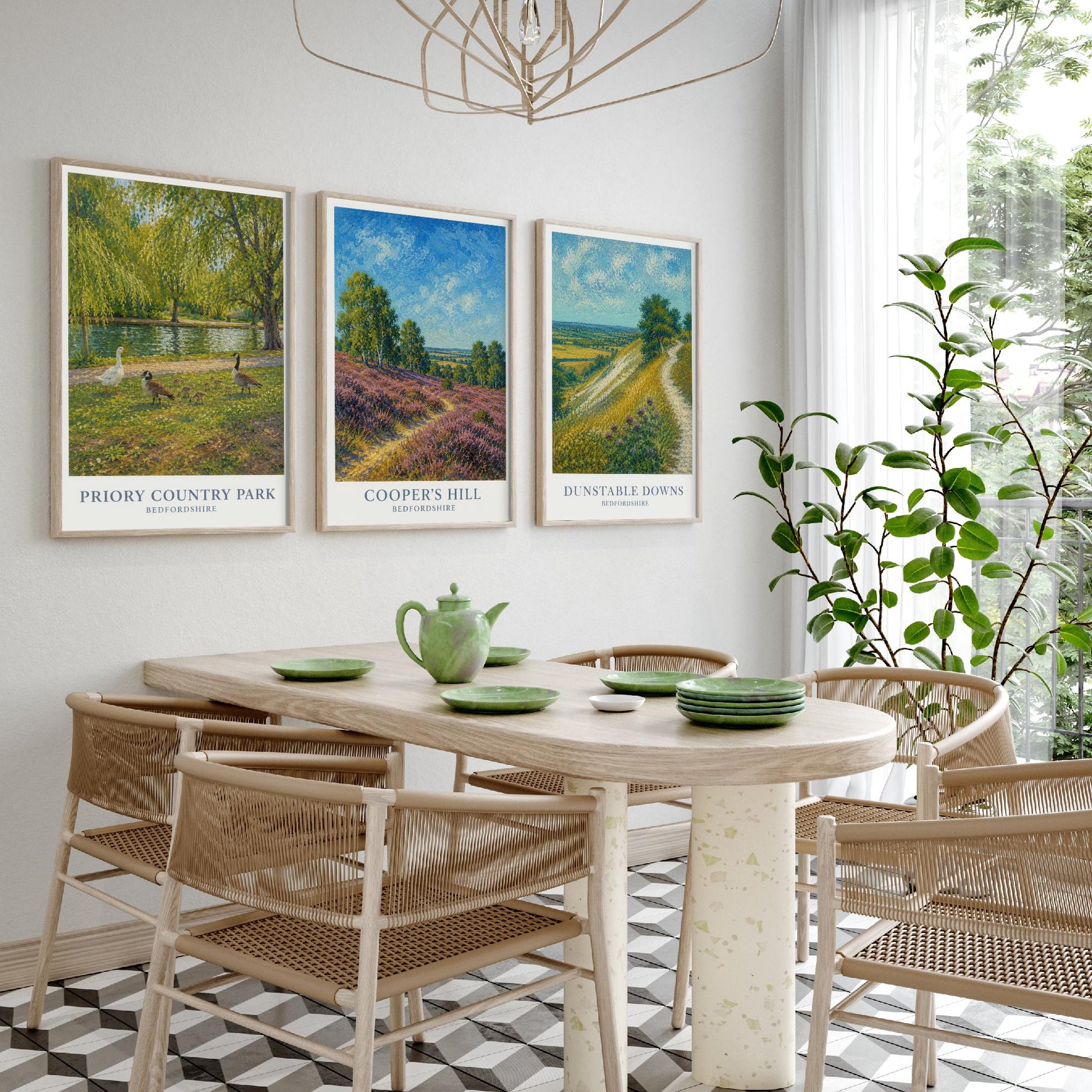 Bedfordshire England Set of Three Prints | Priory Country Park Coopers Hill Dunstable Downs | Impressionist Painting Art Posters