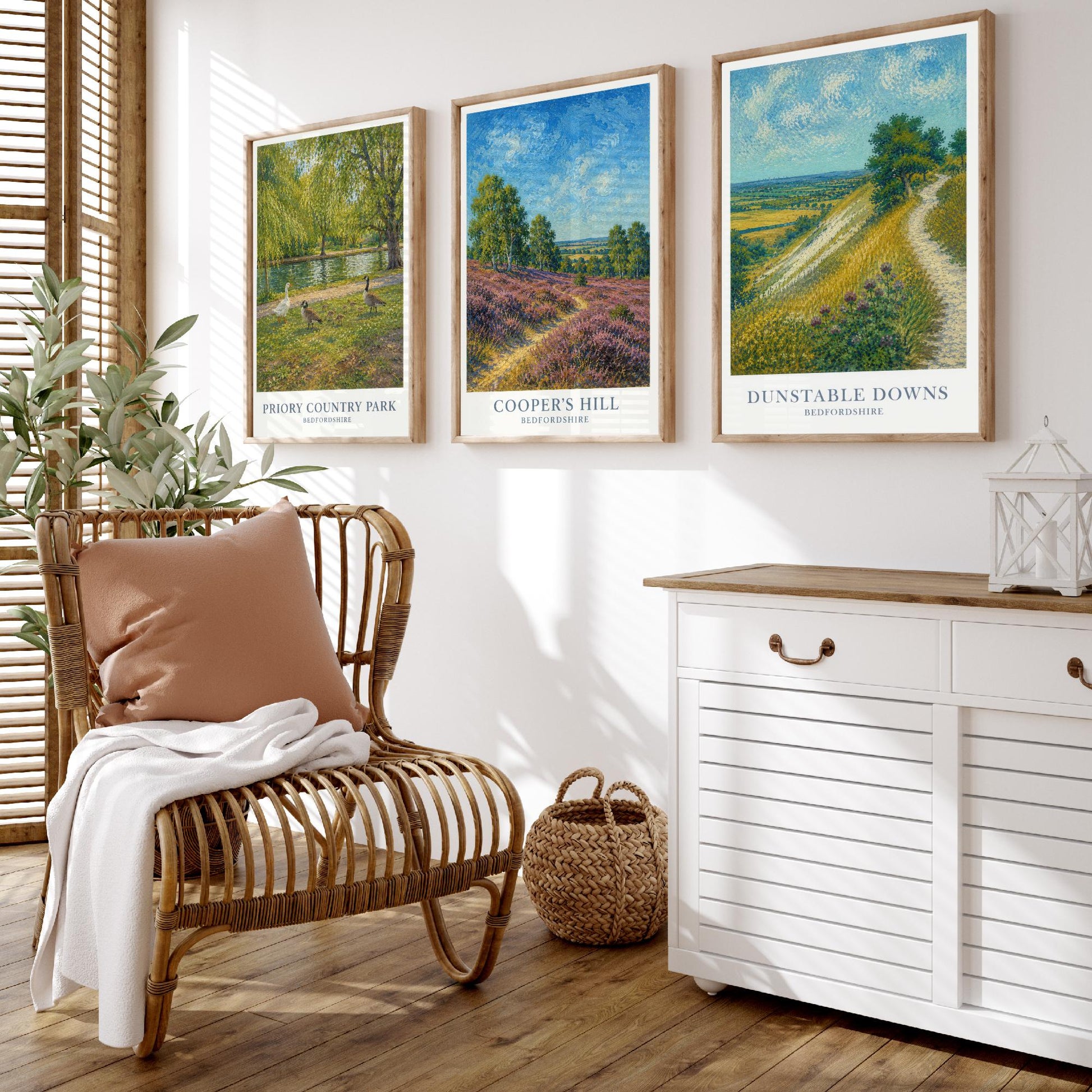 Bedfordshire England Set of Three Prints | Priory Country Park Coopers Hill Dunstable Downs | Impressionist Painting Art Posters