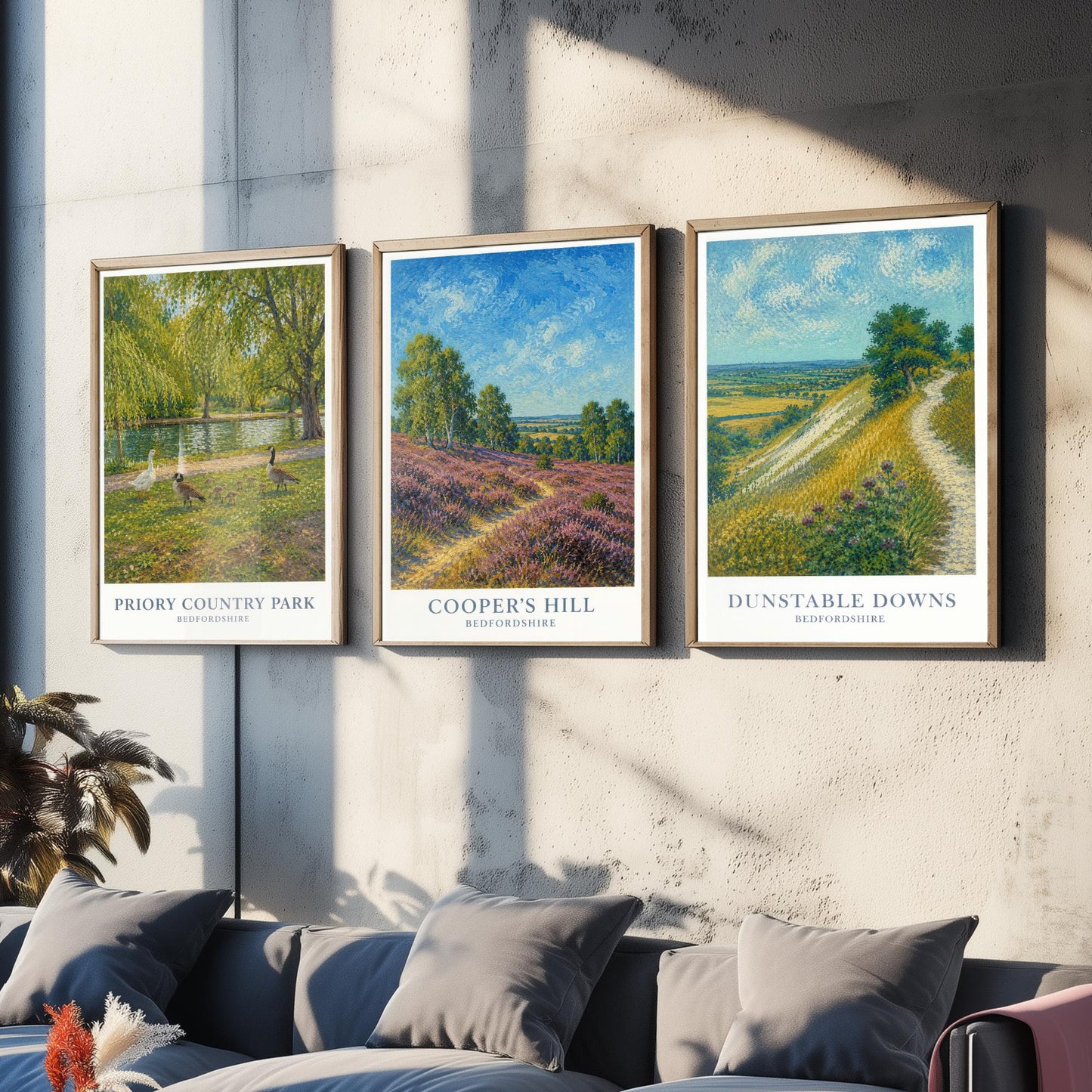 Bedfordshire England Set of Three Prints | Priory Country Park Coopers Hill Dunstable Downs | Impressionist Painting Art Posters