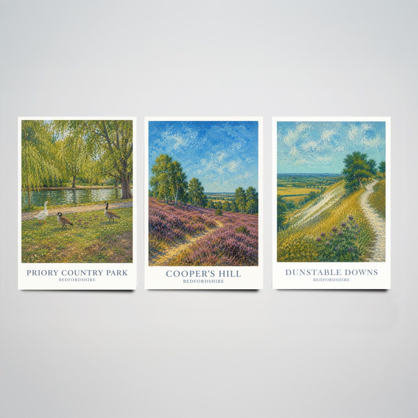 Bedfordshire England Set of Three Prints | Priory Country Park Coopers Hill Dunstable Downs | Impressionist Painting Art Posters
