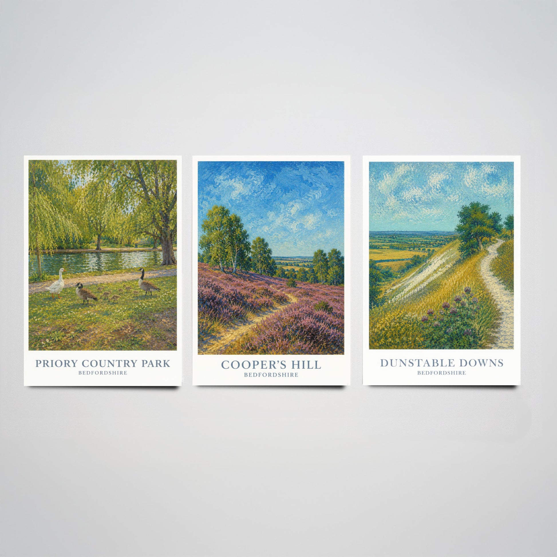 Bedfordshire England Set of Three Prints | Priory Country Park Coopers Hill Dunstable Downs | Impressionist Painting Art Posters