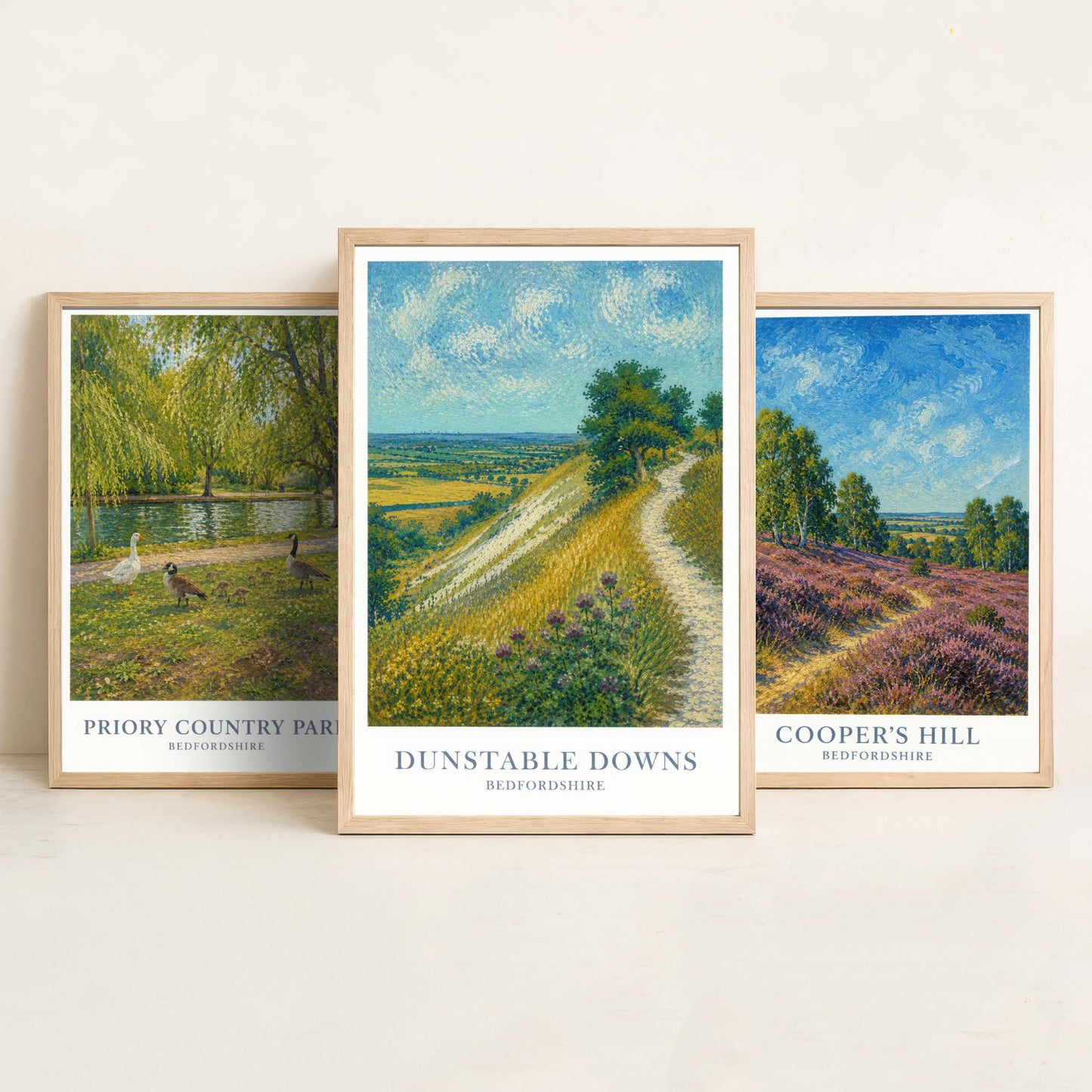 Bedfordshire England Set of Three Prints | Priory Country Park Coopers Hill Dunstable Downs | Impressionist Painting Art Posters