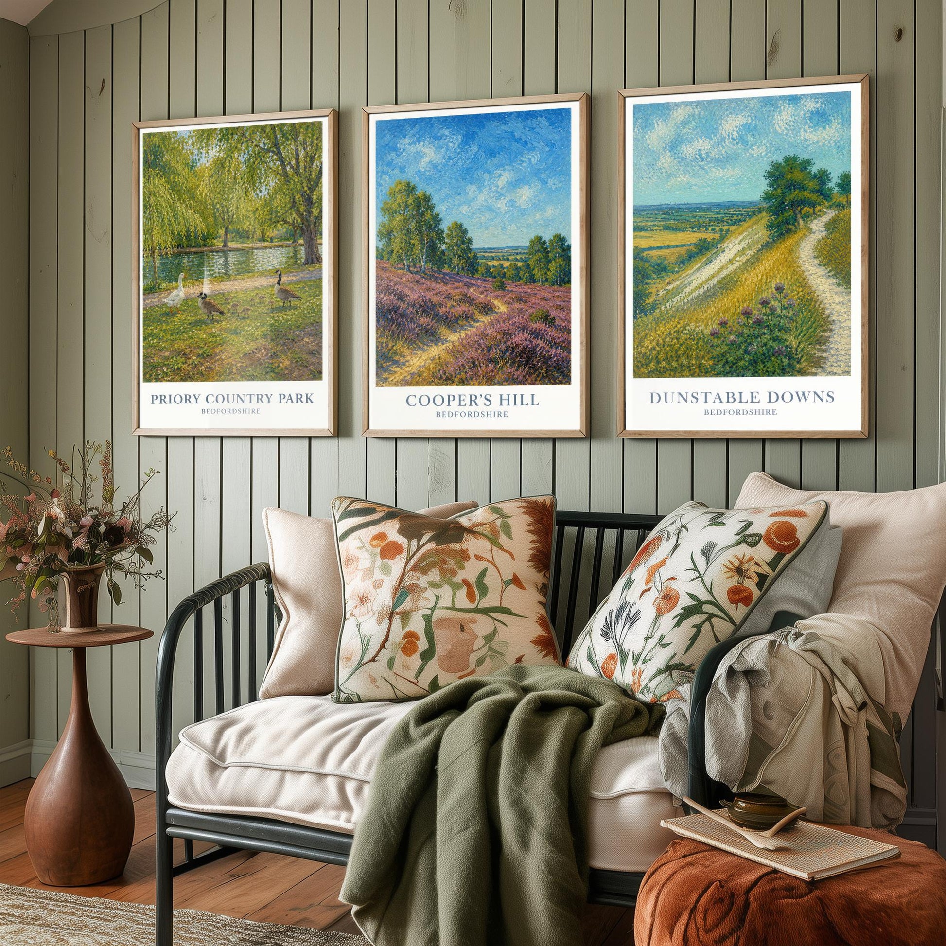 Bedfordshire England Set of Three Prints | Priory Country Park Coopers Hill Dunstable Downs | Impressionist Painting Art Posters