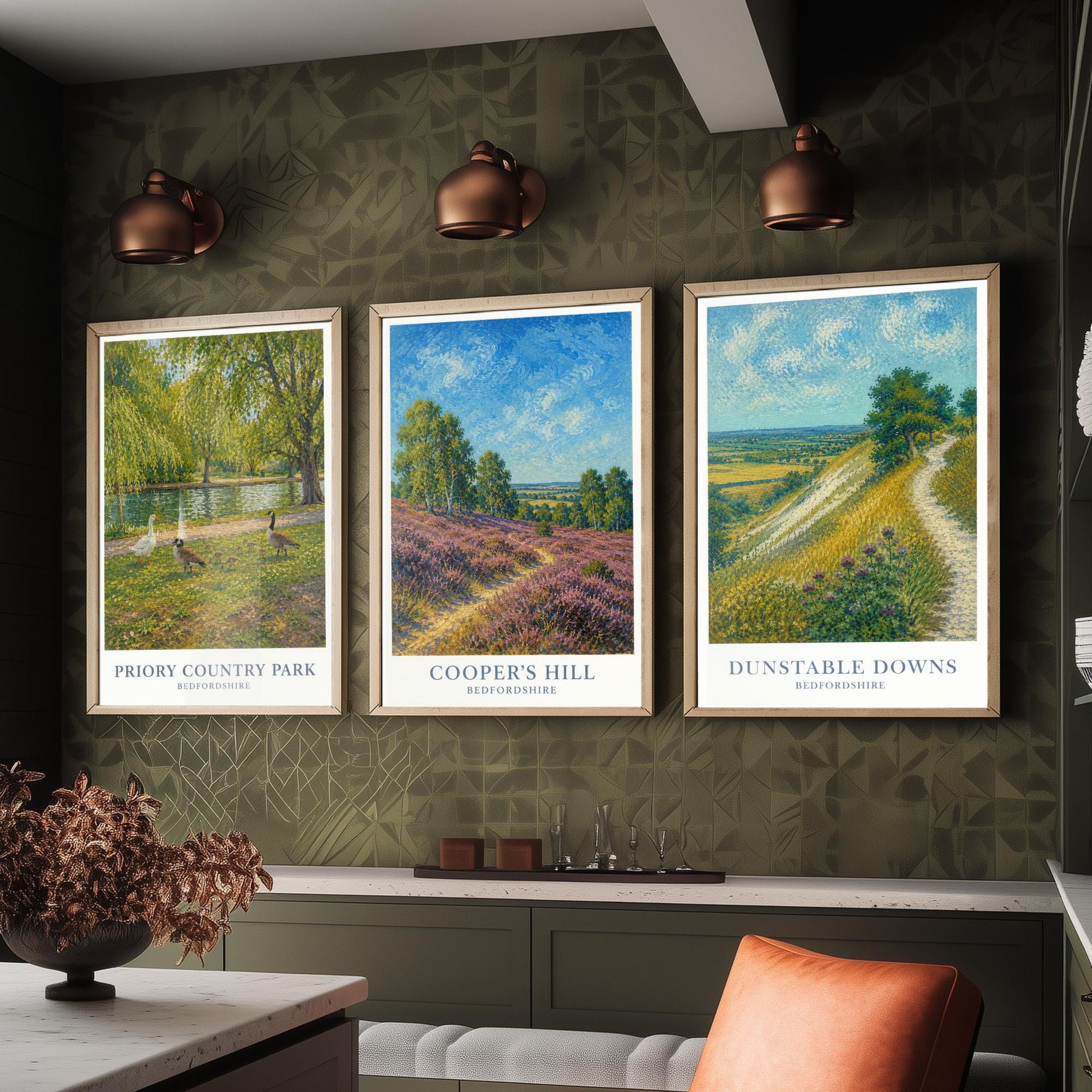 Bedfordshire England Set of Three Prints | Priory Country Park Coopers Hill Dunstable Downs | Impressionist Painting Art Posters