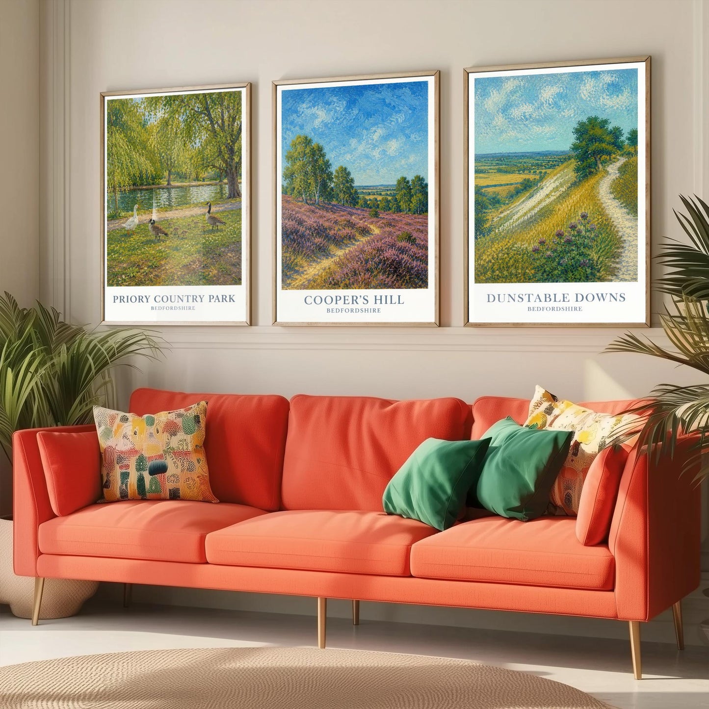 Bedfordshire England Set of Three Prints | Priory Country Park Coopers Hill Dunstable Downs | Impressionist Painting Art Posters