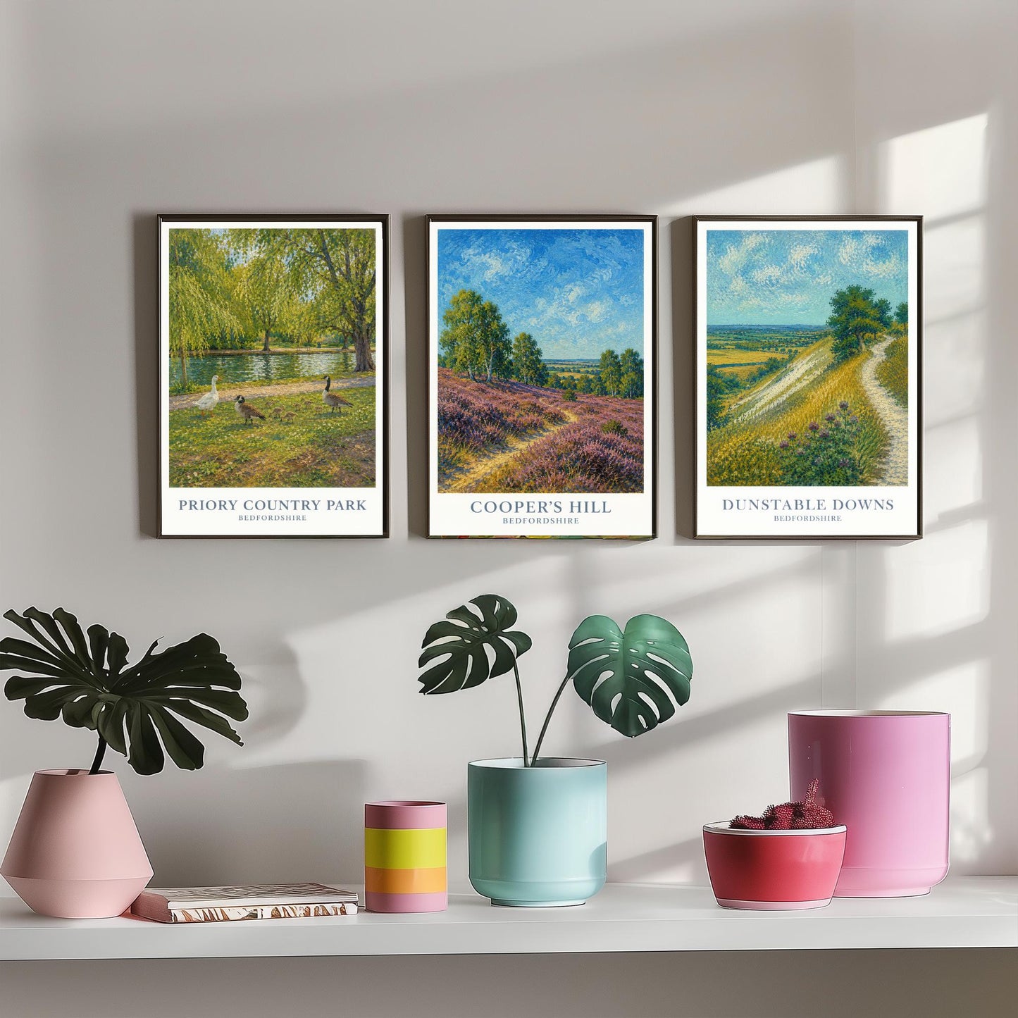Bedfordshire England Set of Three Prints | Priory Country Park Coopers Hill Dunstable Downs | Impressionist Painting Art Posters