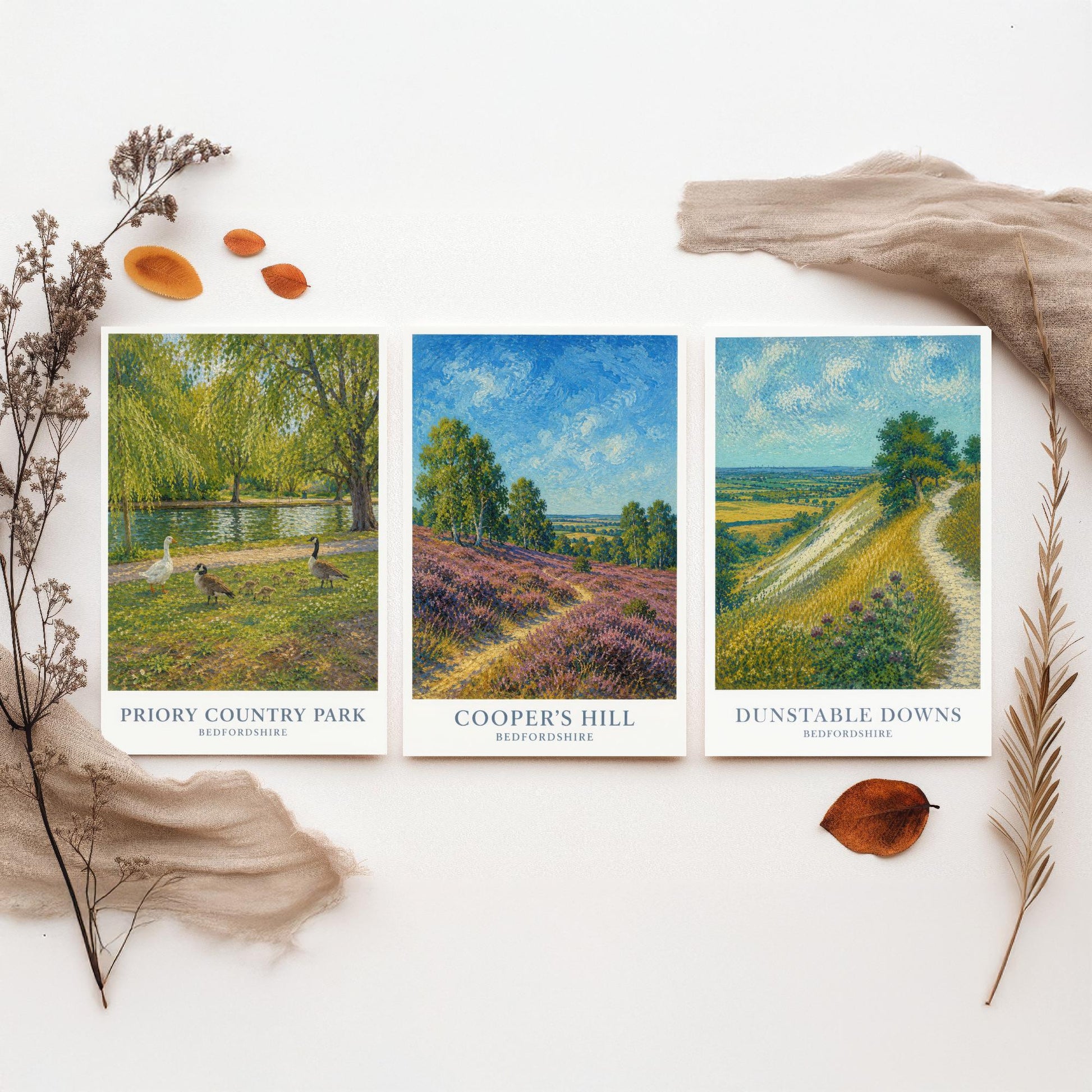 Bedfordshire England Set of Three Prints | Priory Country Park Coopers Hill Dunstable Downs | Impressionist Painting Art Posters