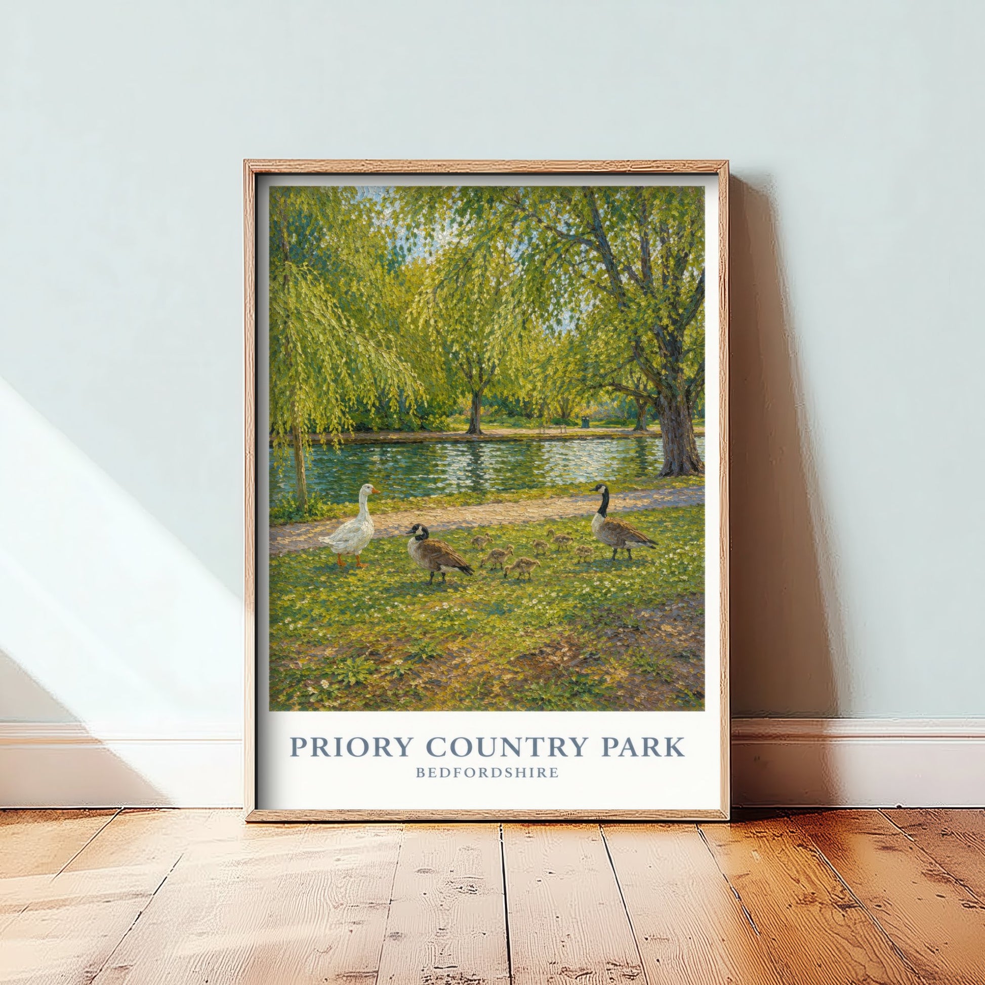 Priory Country Park Travel Poster - Bedfordshire England Art Print - Impressionist Painting - Lakeside Geese 1/3