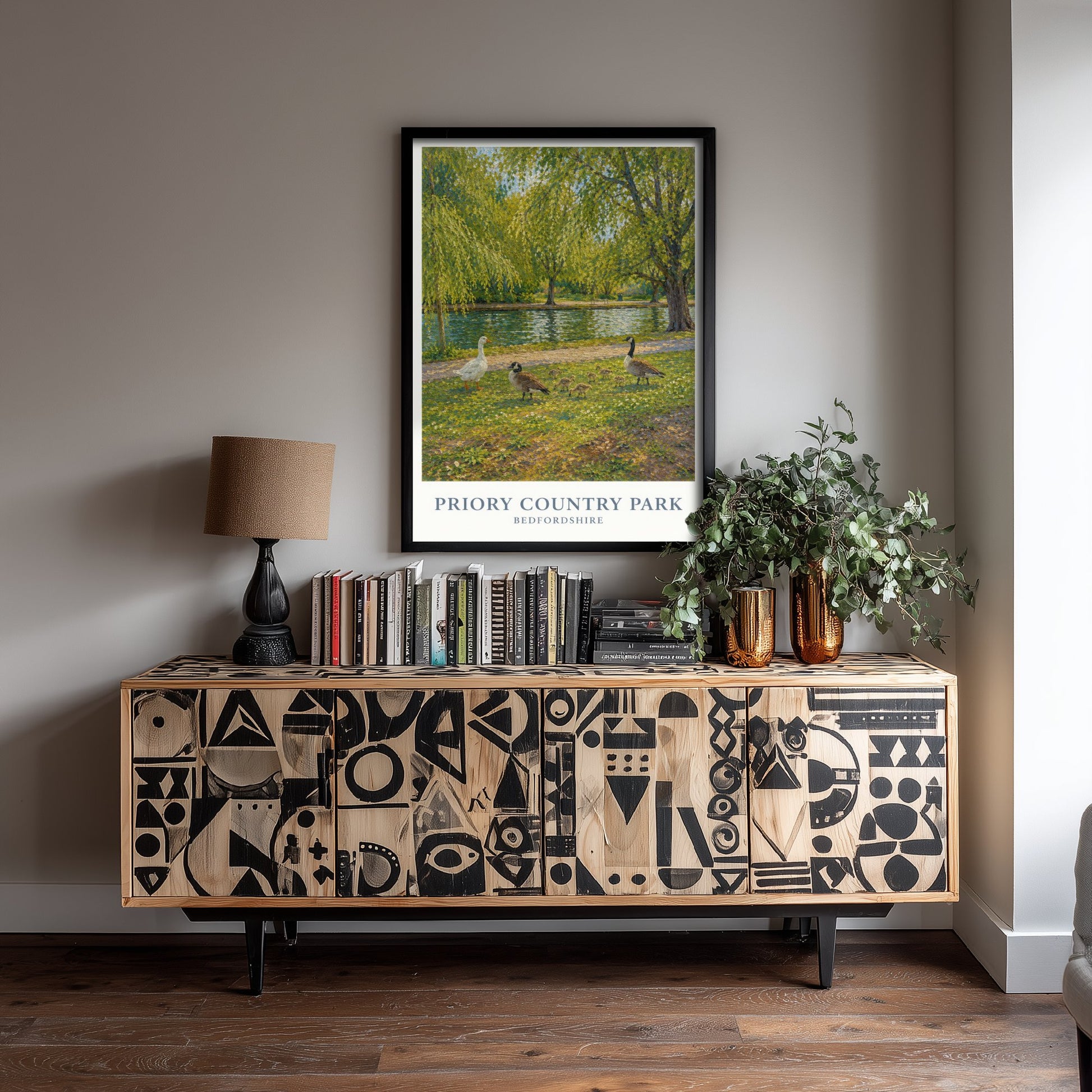 Priory Country Park Travel Poster - Bedfordshire England Art Print - Impressionist Painting - Lakeside Geese 1/3