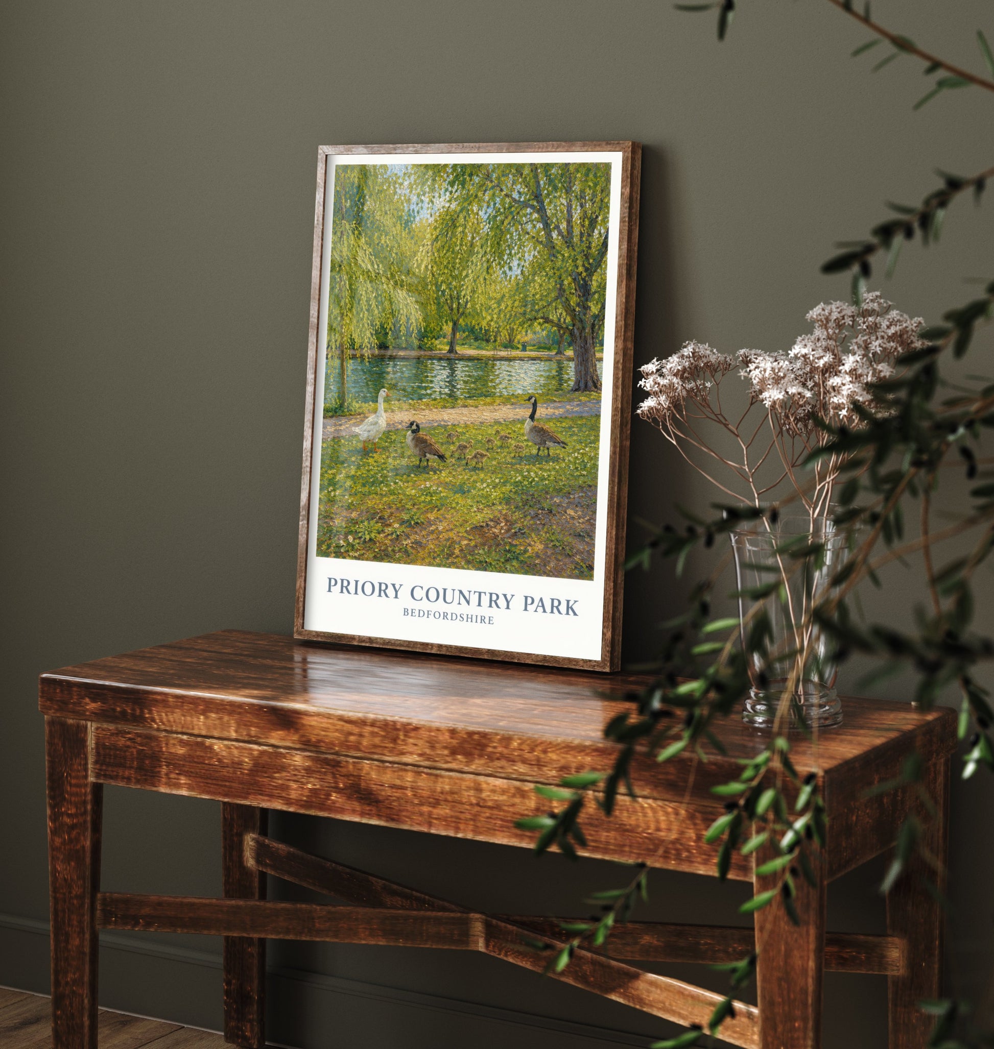 Priory Country Park Travel Poster - Bedfordshire England Art Print - Impressionist Painting - Lakeside Geese 1/3