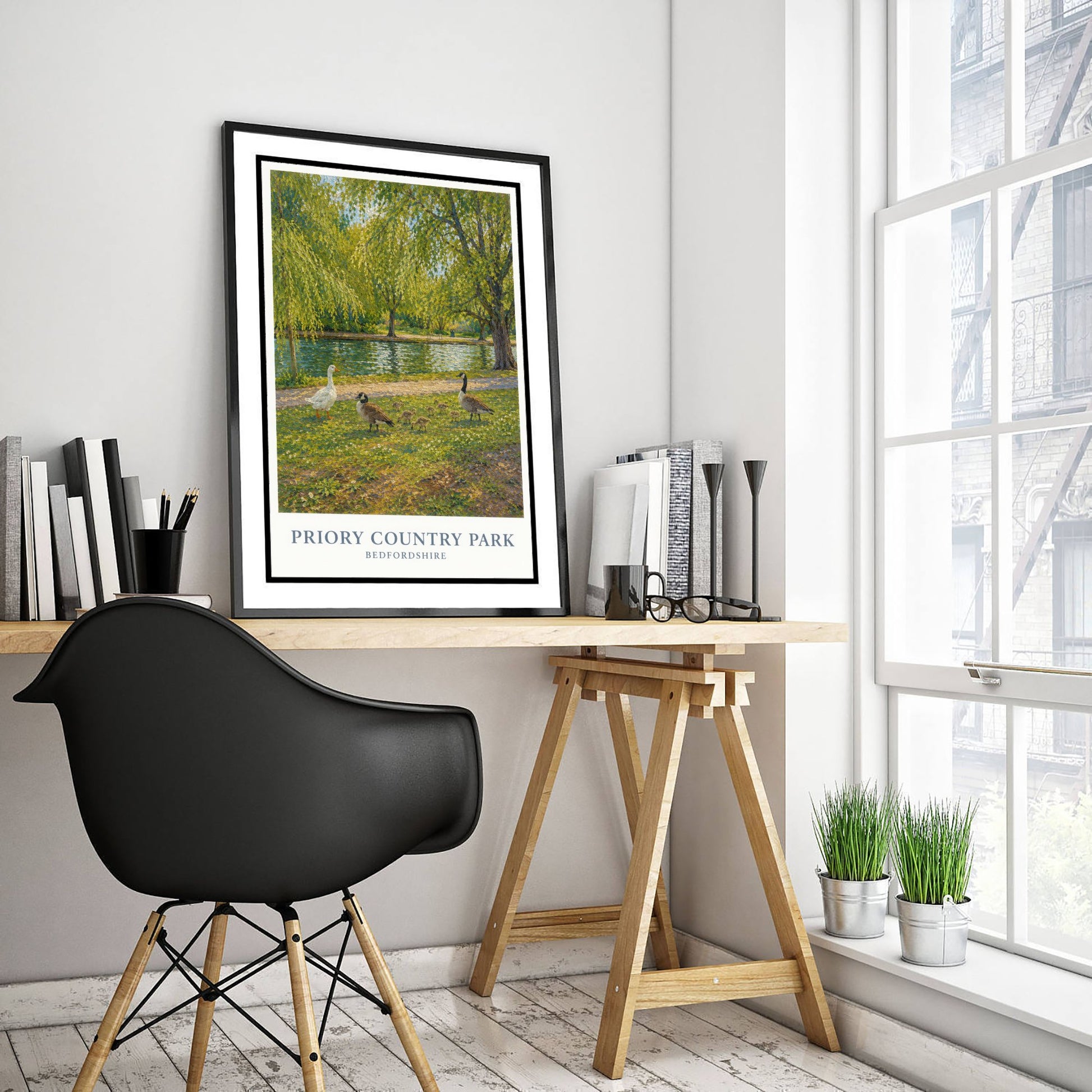 Priory Country Park Travel Poster - Bedfordshire England Art Print - Impressionist Painting - Lakeside Geese 1/3