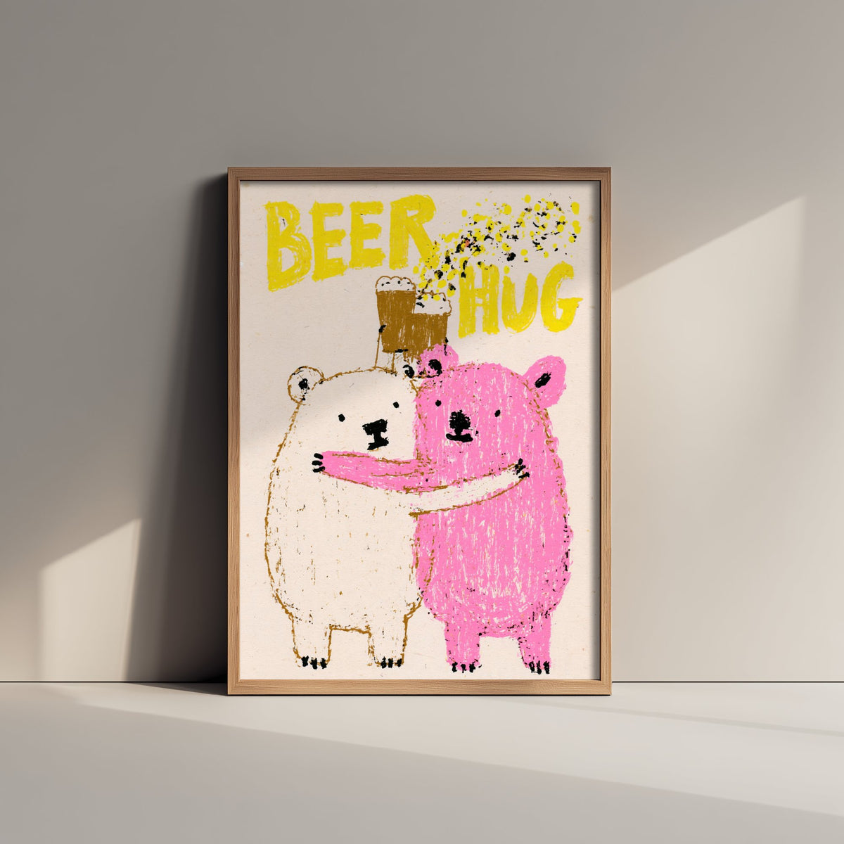 Beer Hug Art Print - Two Bears Clinking Pints Poster - Pink Crayon Home Bar Illustration