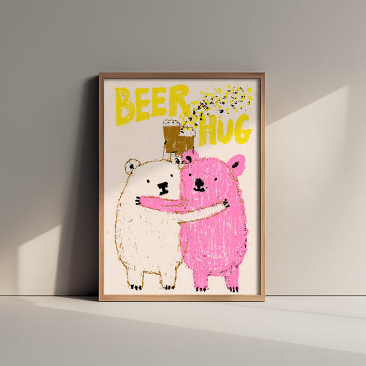 Beer Hug Art Print - Two Bears Clinking Pints Poster - Pink Crayon Home Bar Illustration