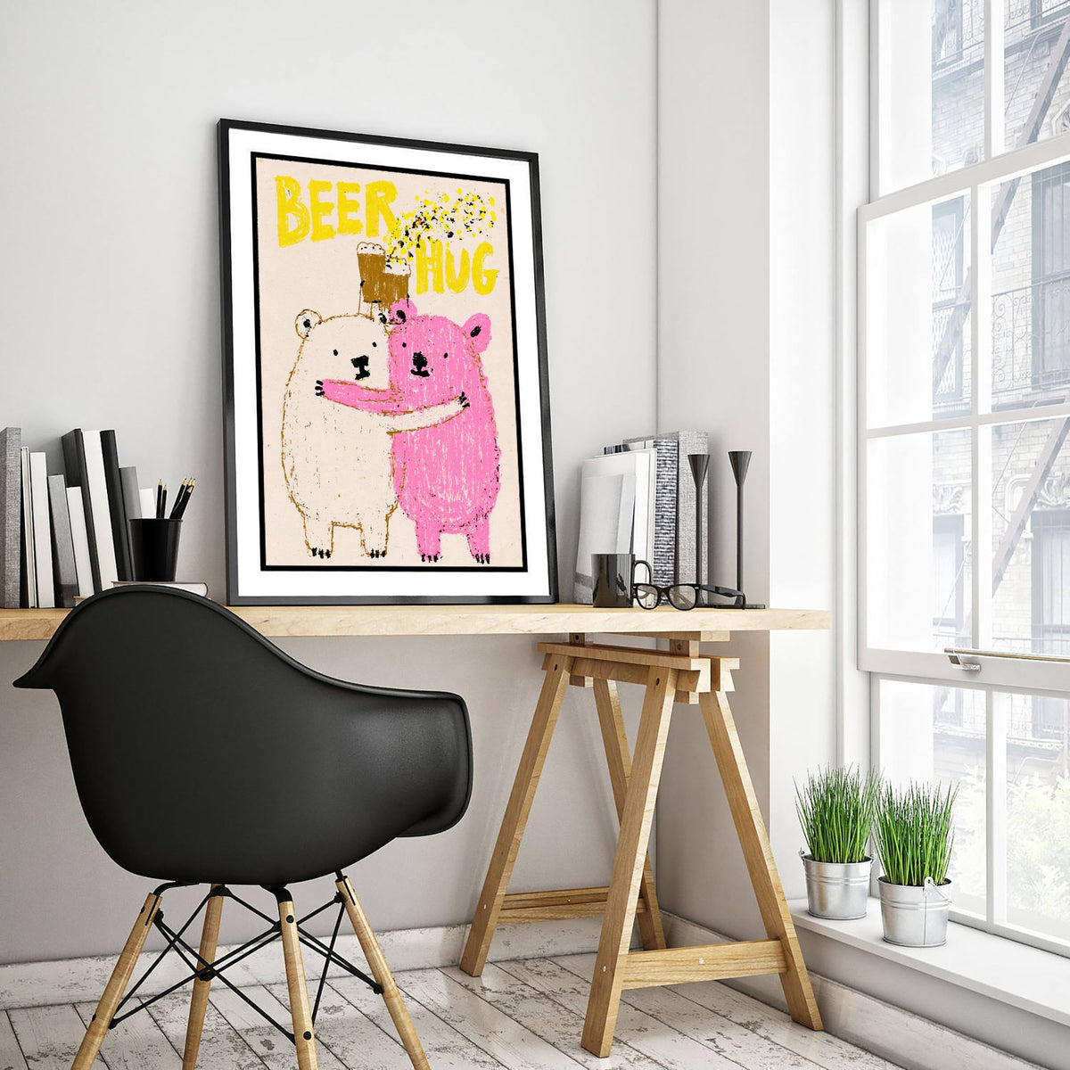 Beer Hug Art Print - Two Bears Clinking Pints Poster - Pink Crayon Home Bar Illustration