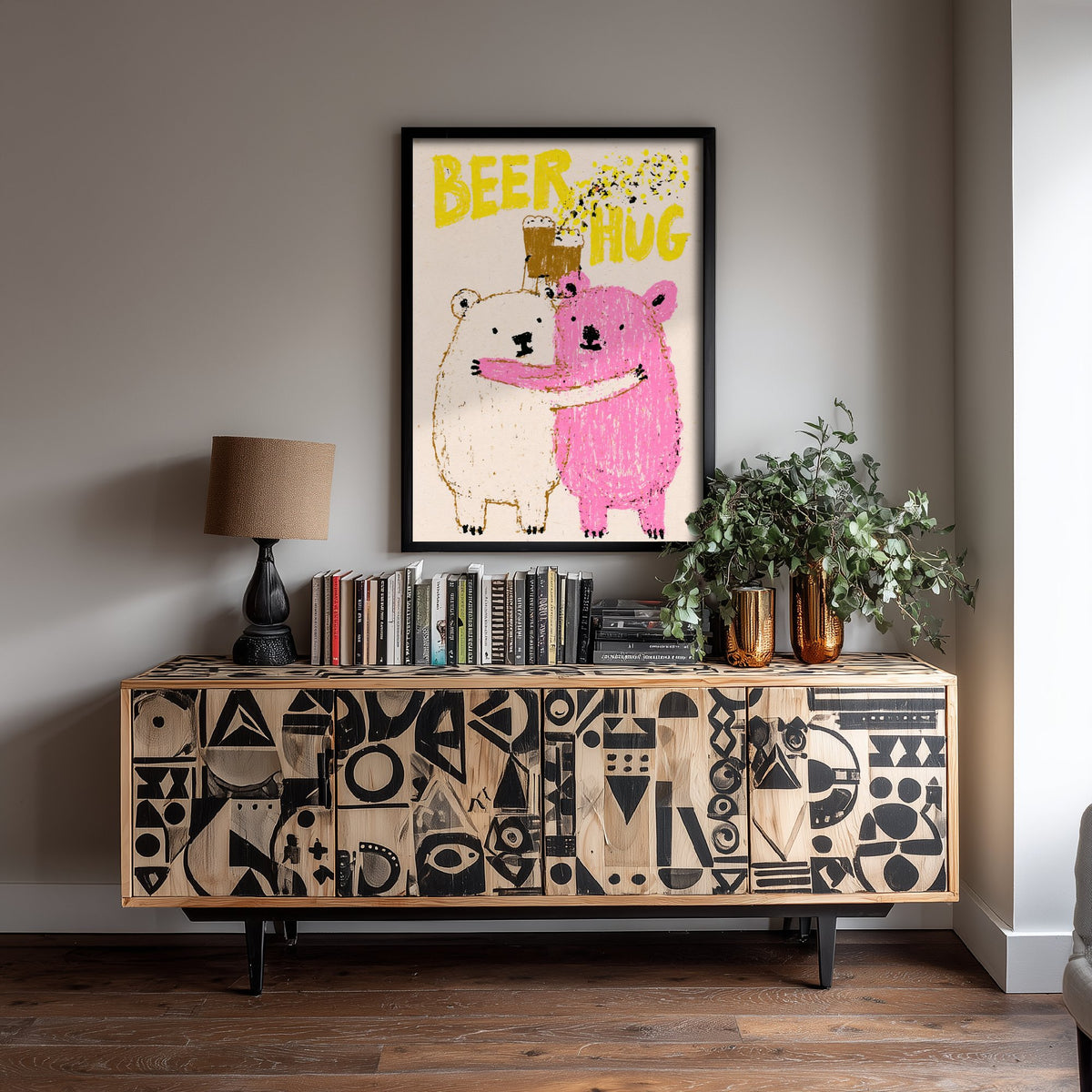 Beer Hug Art Print - Two Bears Clinking Pints Poster - Pink Crayon Home Bar Illustration