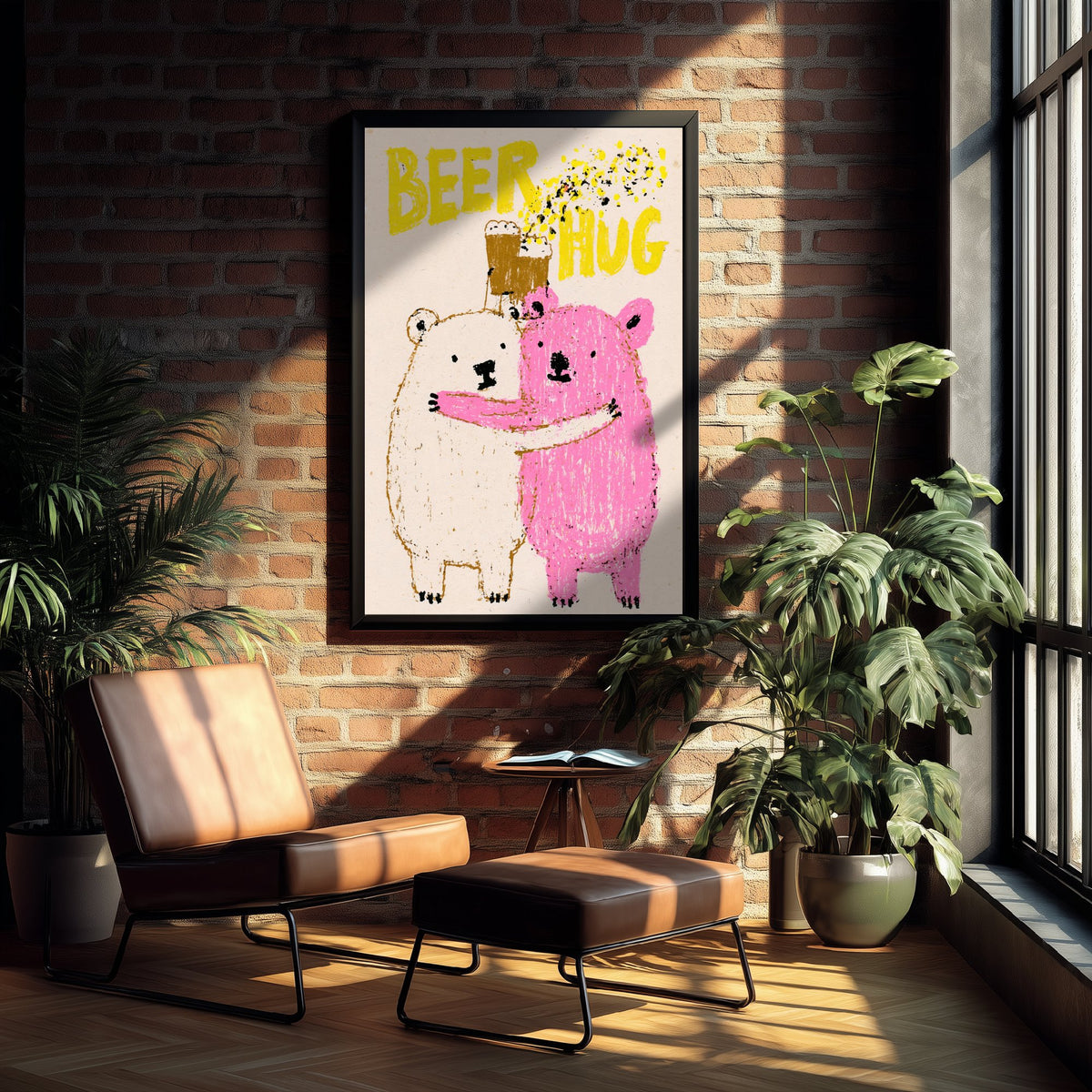 Beer Hug Art Print - Two Bears Clinking Pints Poster - Pink Crayon Home Bar Illustration