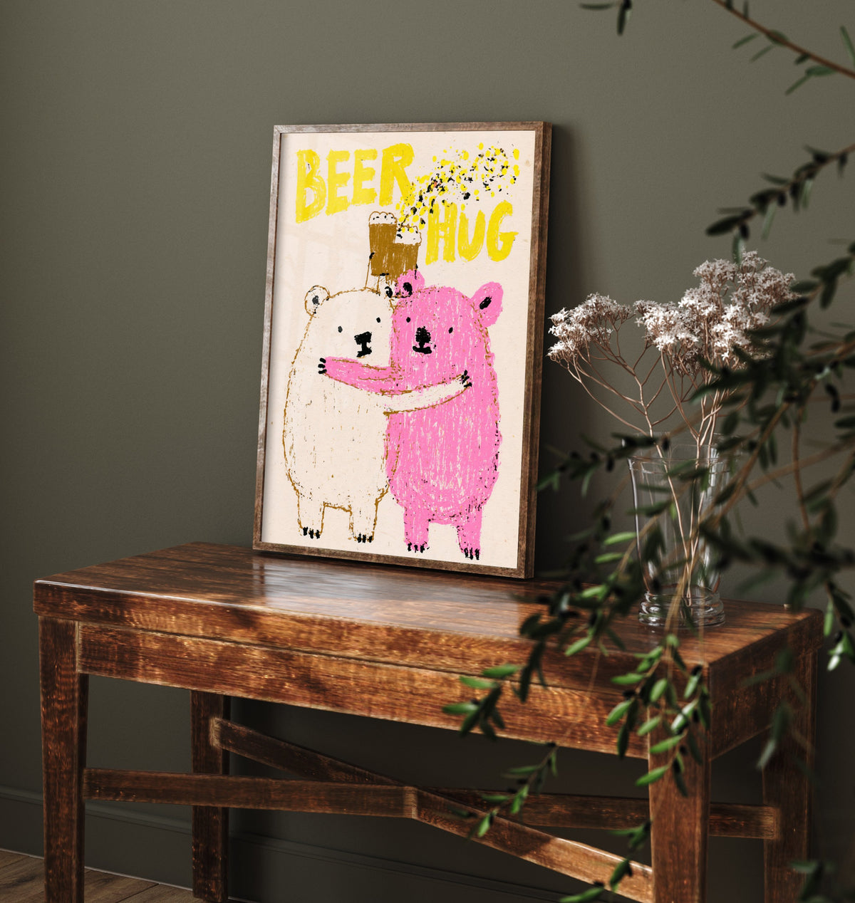 Beer Hug Art Print - Two Bears Clinking Pints Poster - Pink Crayon Home Bar Illustration