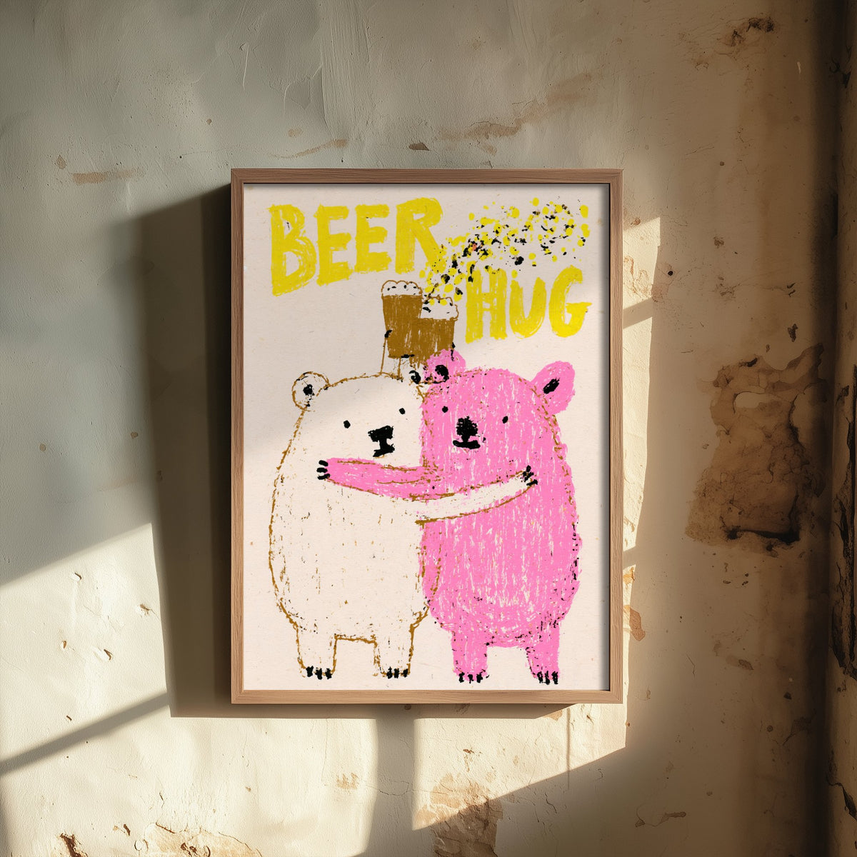 Beer Hug Art Print - Two Bears Clinking Pints Poster - Pink Crayon Home Bar Illustration