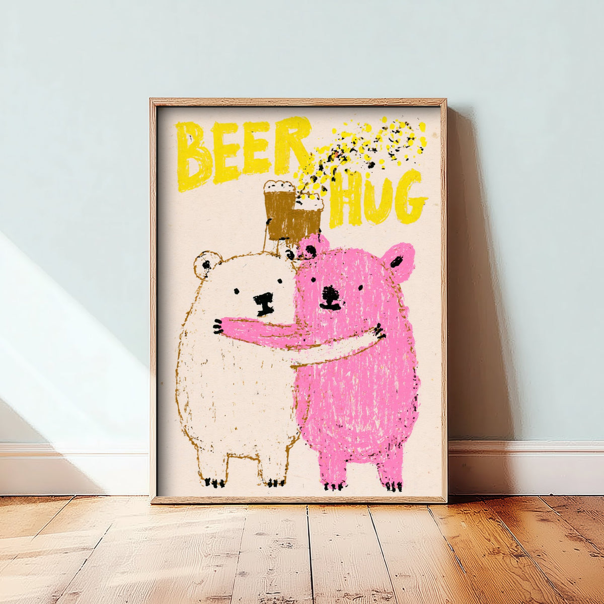 Beer Hug Art Print - Two Bears Clinking Pints Poster - Pink Crayon Home Bar Illustration
