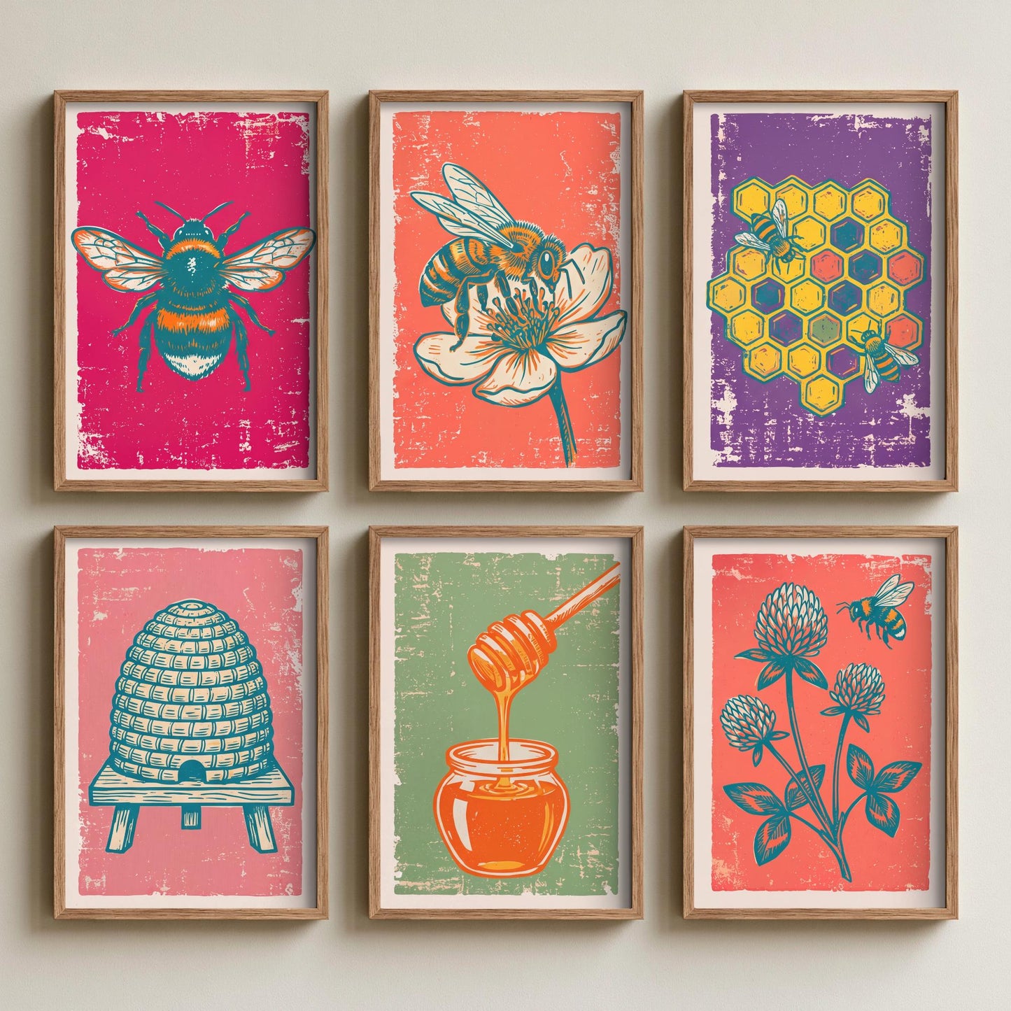 Set of Six Bees and the Hive Linocut Art Prints - 6 Illustrations - Bumblebee, Honeybee, Honeycomb, Skep Beehive, Honey Dipper Posters
