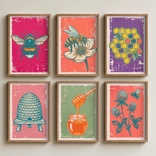 Set of Six Bees and the Hive Linocut Art Prints - 6 Illustrations - Bumblebee, Honeybee, Honeycomb, Skep Beehive, Honey Dipper Posters