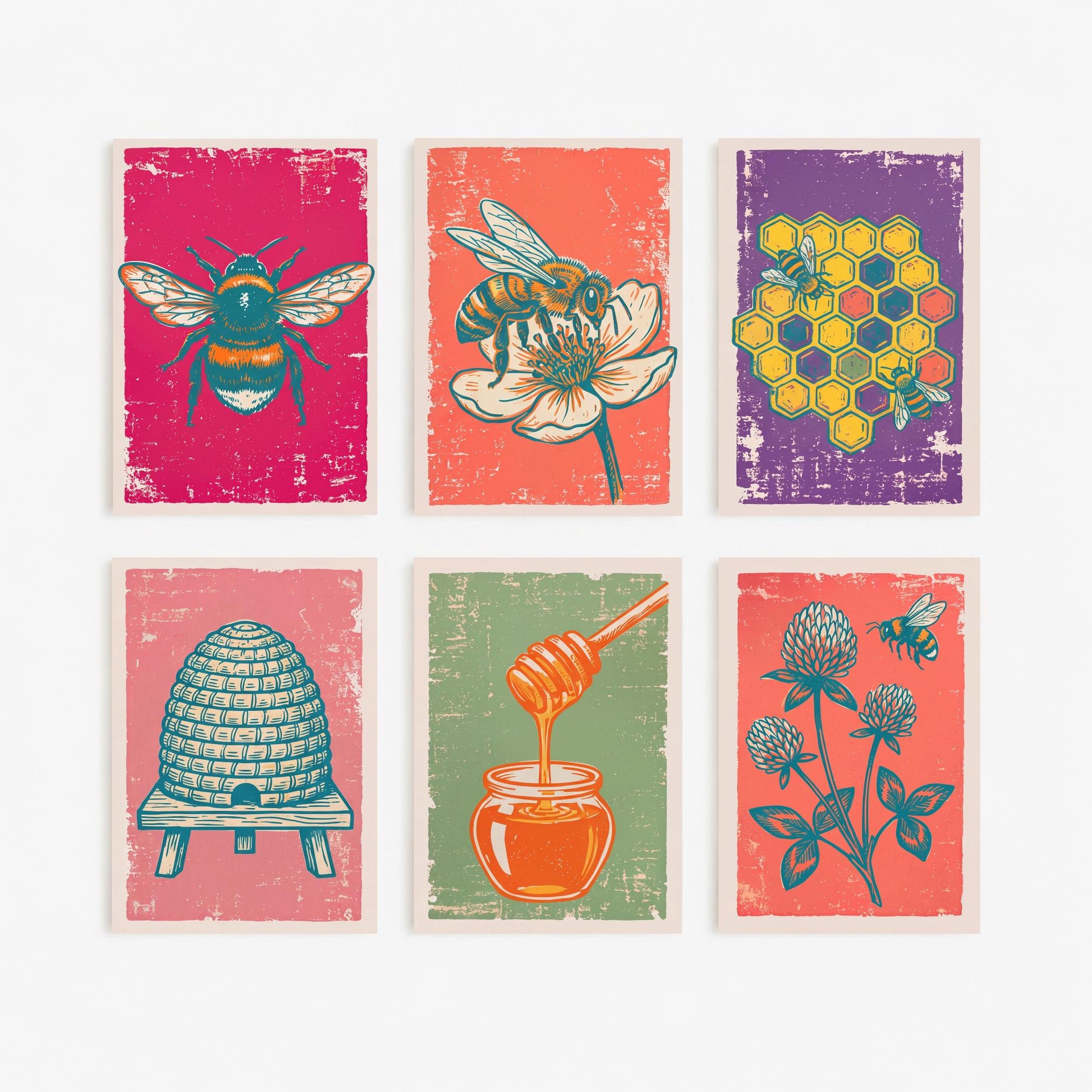 Set of Six Bees and the Hive Linocut Art Prints - 6 Illustrations - Bumblebee, Honeybee, Honeycomb, Skep Beehive, Honey Dipper Posters