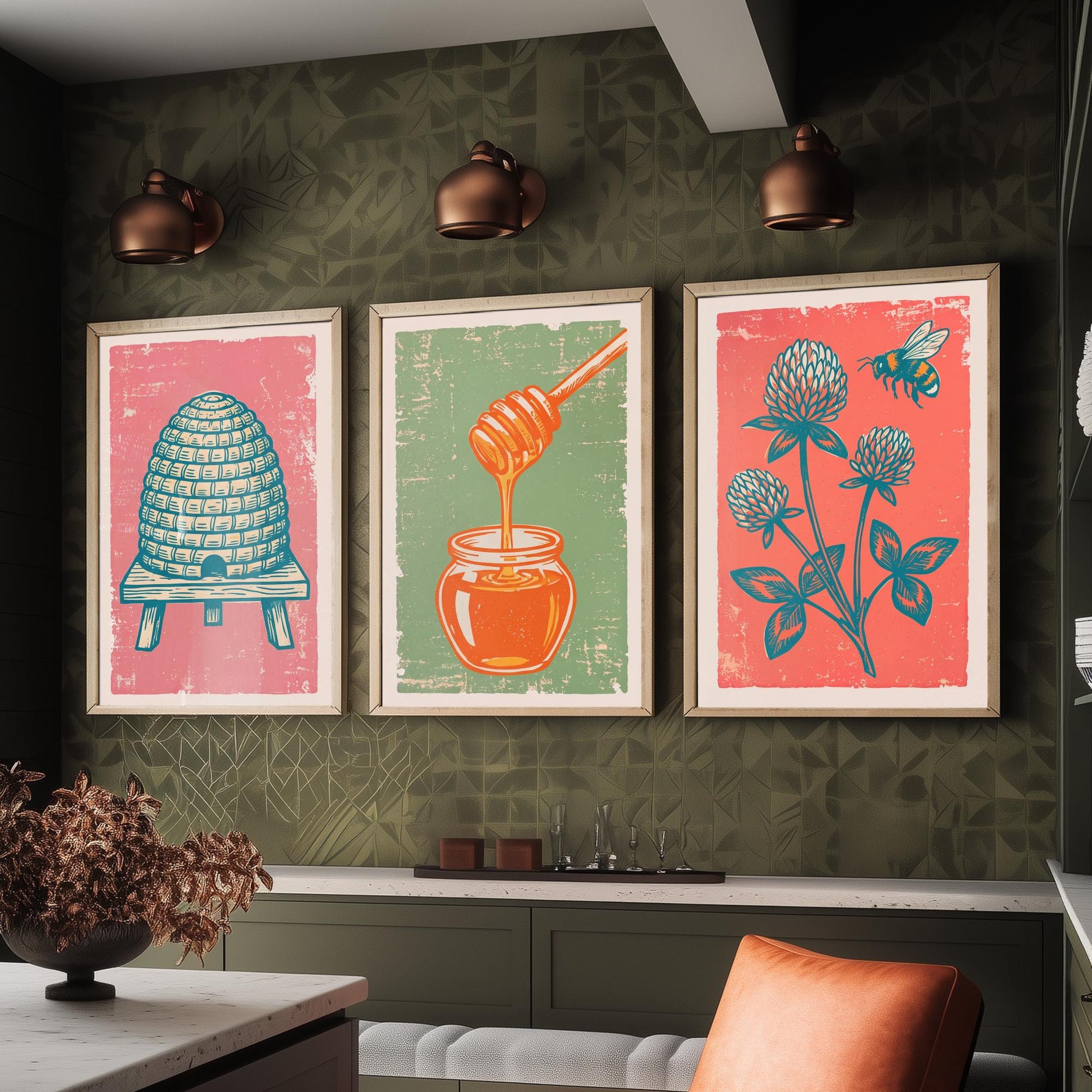 Set of Three Skep Beehive, Honey Dipper and Clover Art Prints - Bee Linocut Illustrations - Honey Kitchen Posters V2