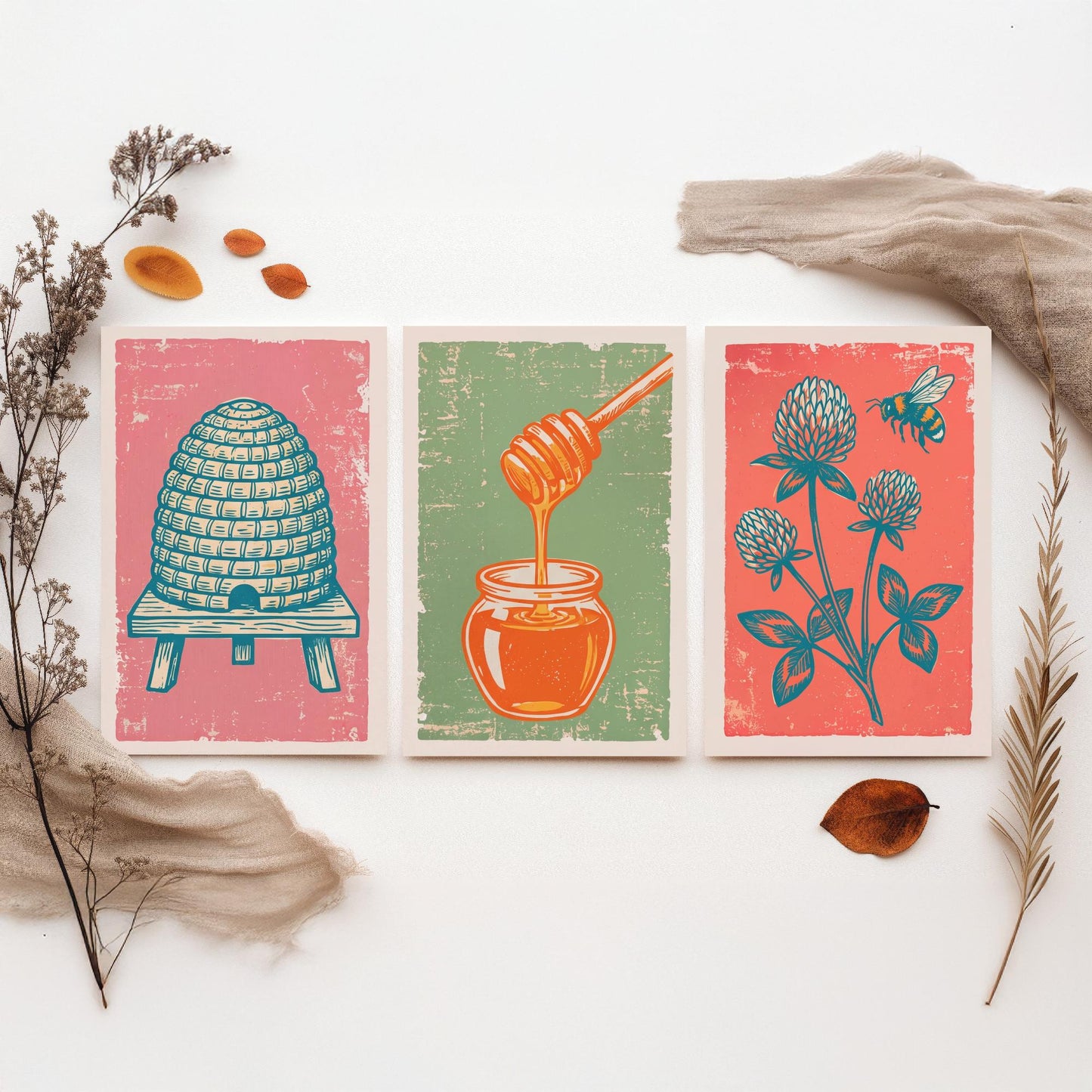 Set of Three Skep Beehive, Honey Dipper and Clover Art Prints - Bee Linocut Illustrations - Honey Kitchen Posters V2