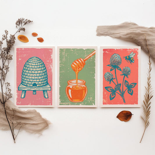 Set of Three Skep Beehive, Honey Dipper and Clover Art Prints - Bee Linocut Illustrations - Honey Kitchen Posters V2