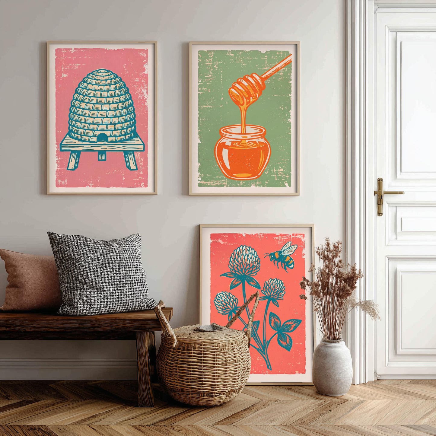 Set of Three Skep Beehive, Honey Dipper and Clover Art Prints - Bee Linocut Illustrations - Honey Kitchen Posters V2