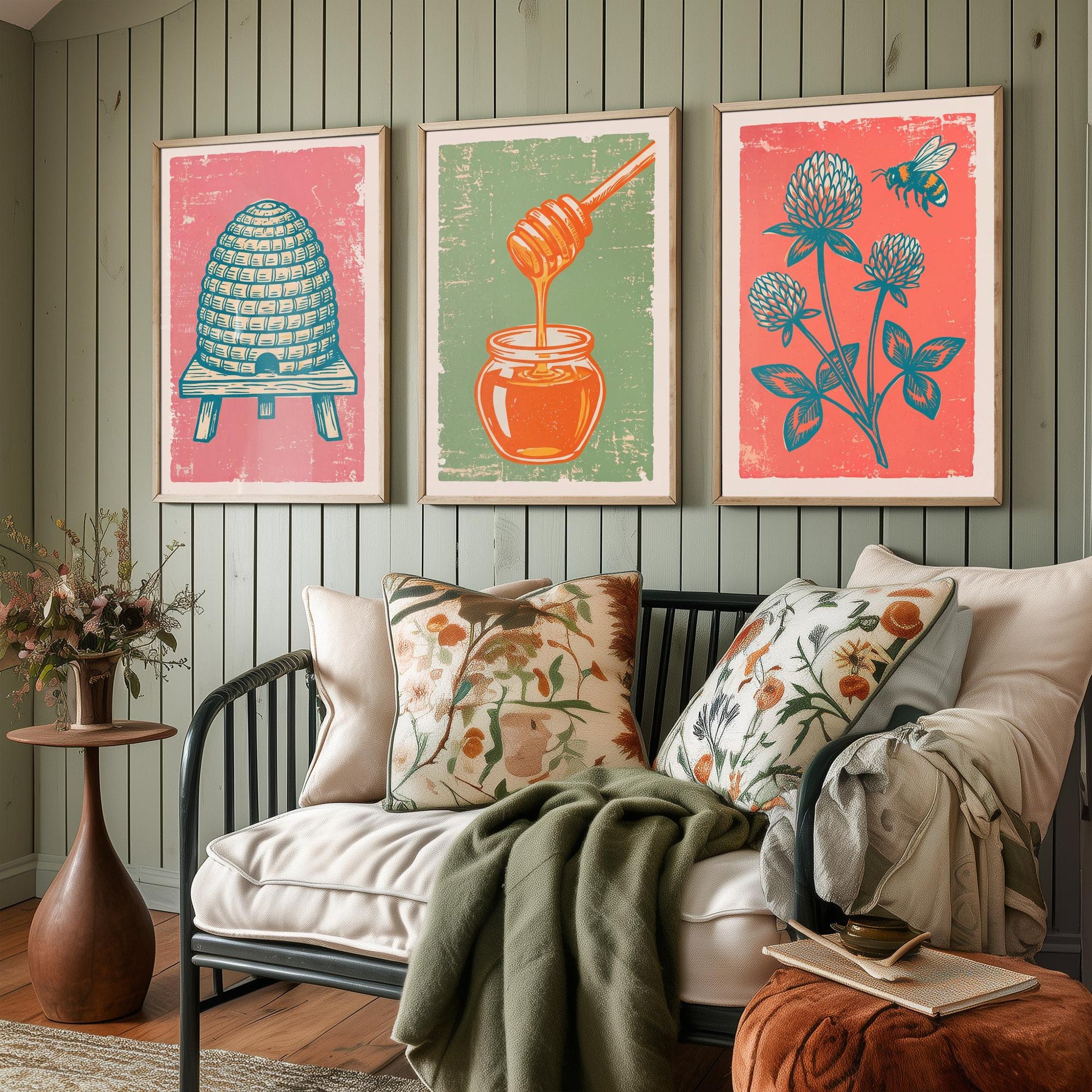 Set of Three Skep Beehive, Honey Dipper and Clover Art Prints - Bee Linocut Illustrations - Honey Kitchen Posters V2