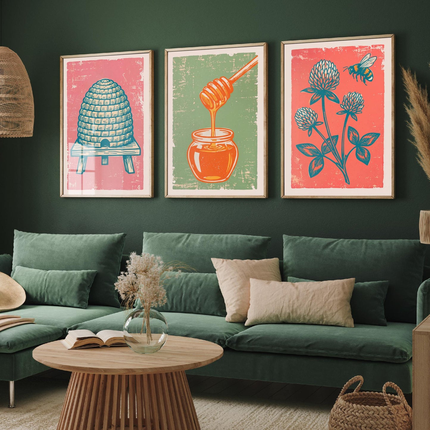 Set of Three Skep Beehive, Honey Dipper and Clover Art Prints - Bee Linocut Illustrations - Honey Kitchen Posters V2