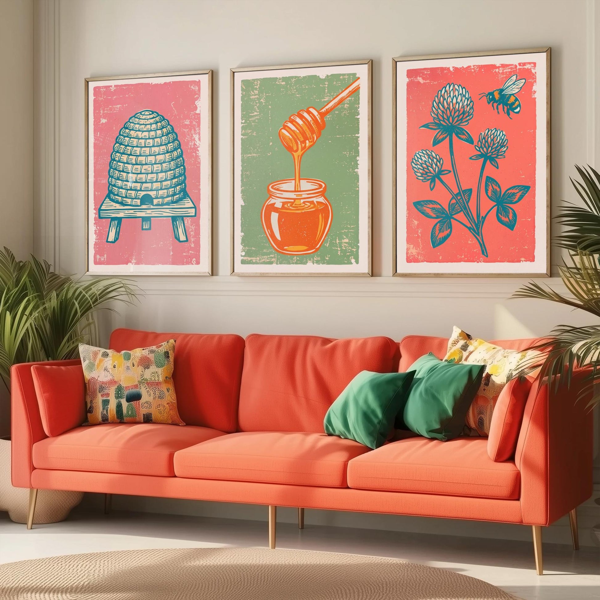 Set of Three Skep Beehive, Honey Dipper and Clover Art Prints - Bee Linocut Illustrations - Honey Kitchen Posters V2