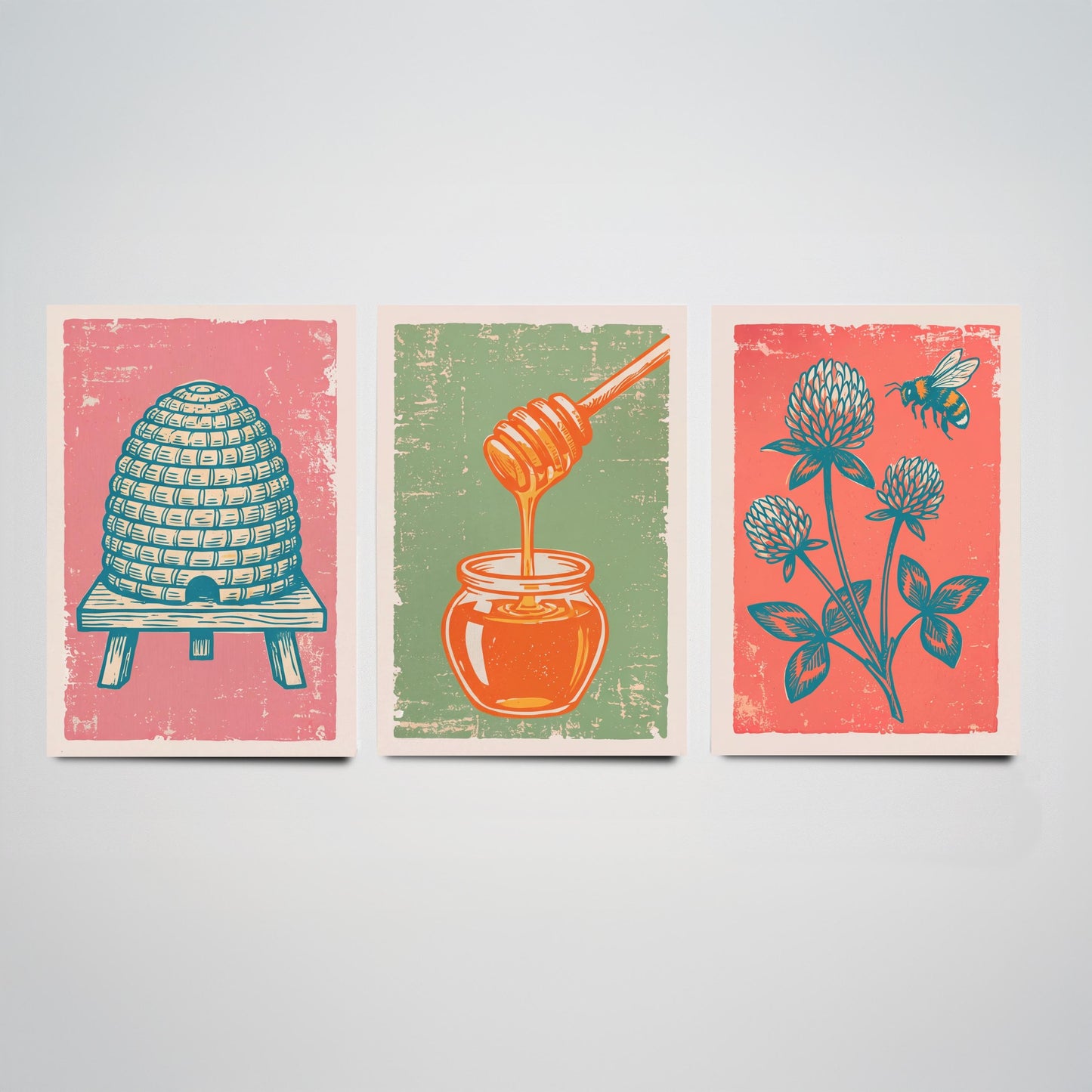 Set of Three Skep Beehive, Honey Dipper and Clover Art Prints - Bee Linocut Illustrations - Honey Kitchen Posters V2