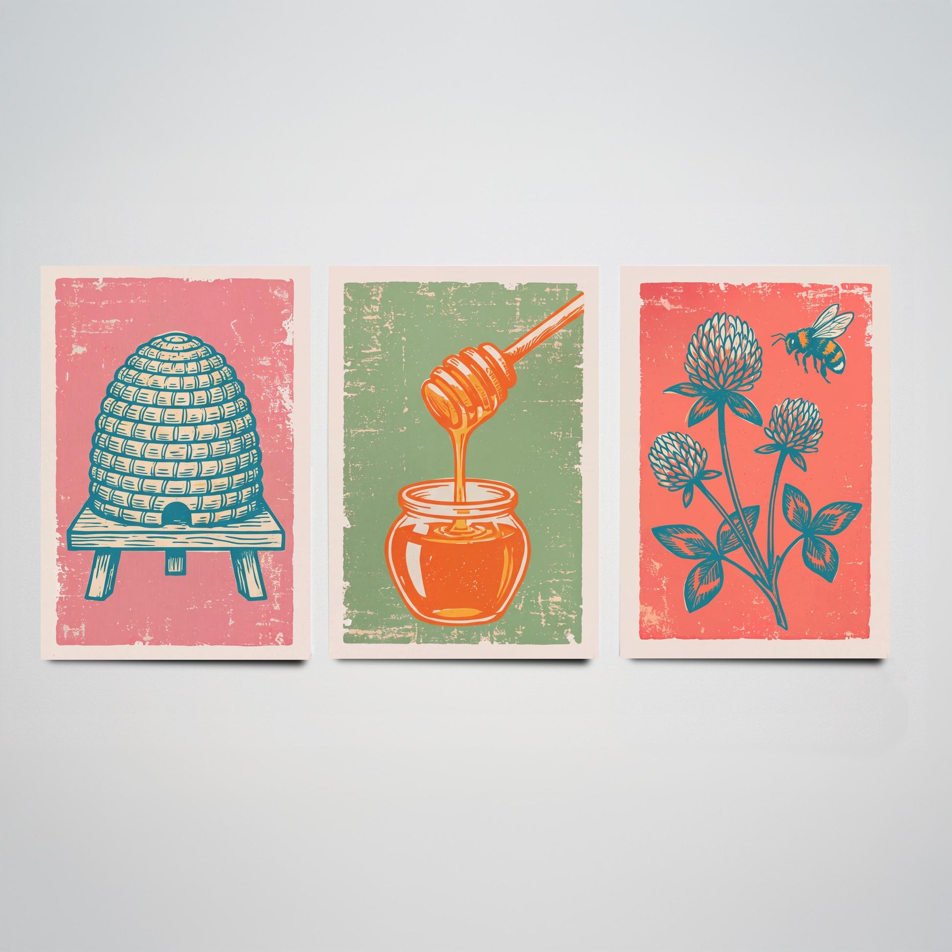 Set of Three Skep Beehive, Honey Dipper and Clover Art Prints - Bee Linocut Illustrations - Honey Kitchen Posters V2
